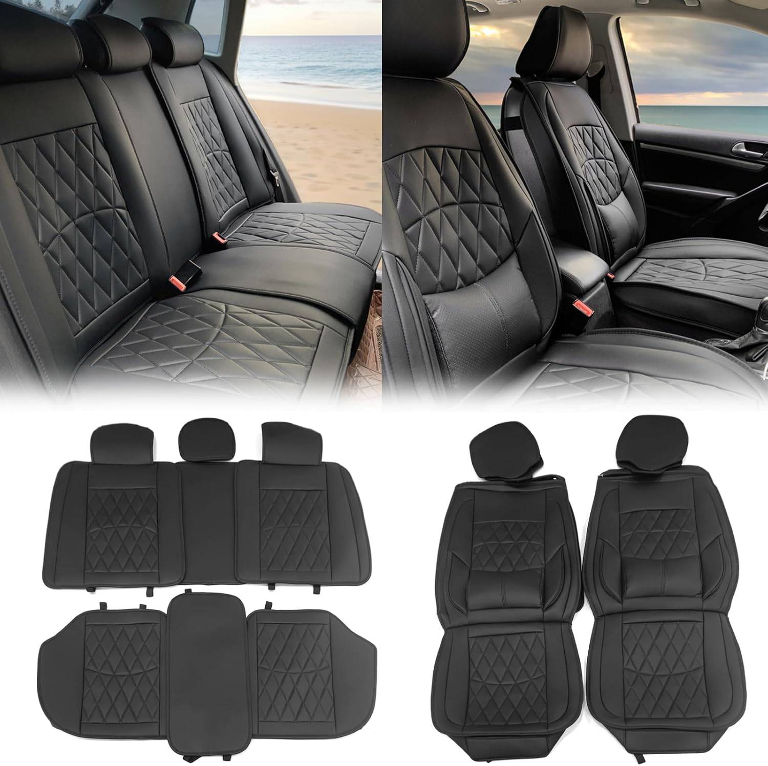 Premium PU Leather Car Seat Covers with Lumbar Support - Waterproof Seat Protector for SUV & Pickup Trucks (Front & Rear Full Set, Black) - Comfortable Driving & Long-Lasting Protection