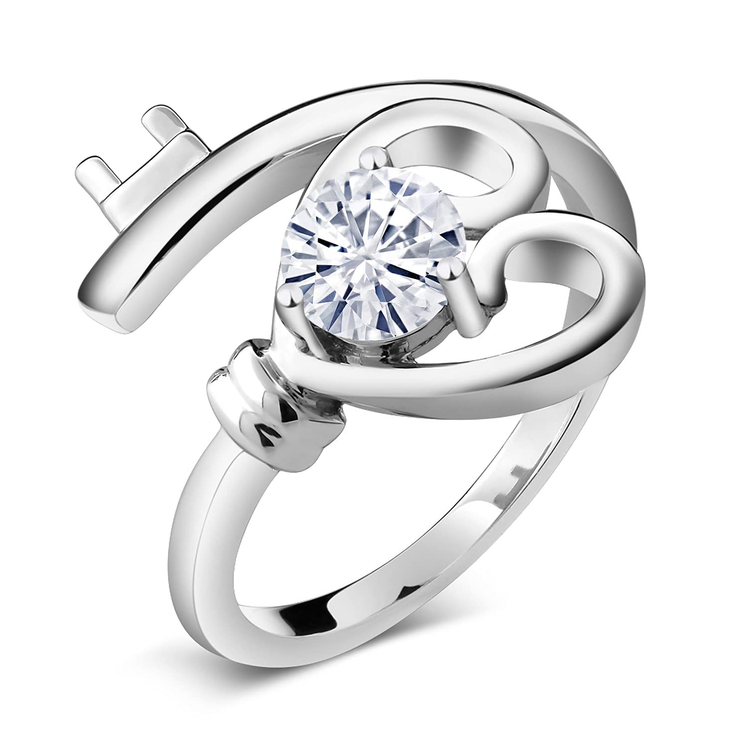 925 Sterling Silver White Moissanite Women's Key Ring - 0.50 Cttw, Round 5MM, Size 5-9 | Elegant Jewelry Gift for Her, Perfect for Everyday Use & Special Occasions