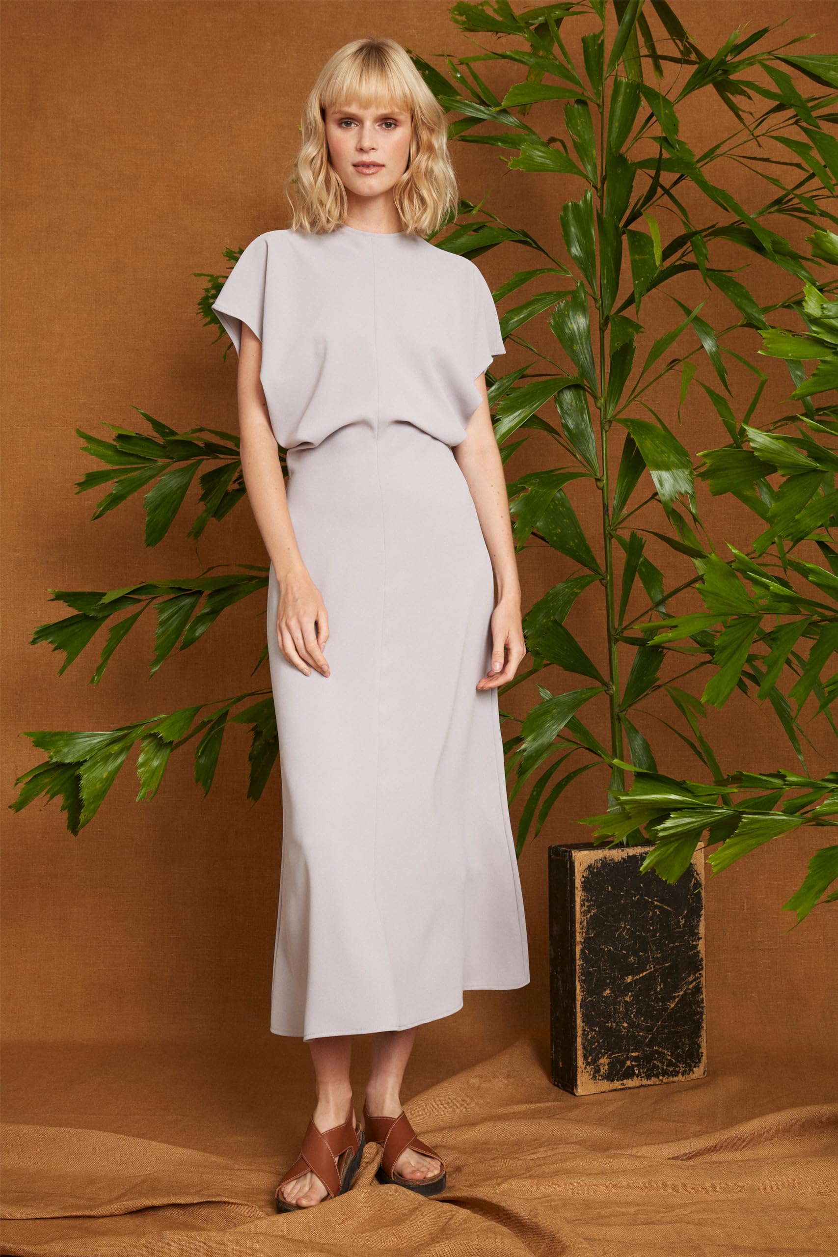 Eco-Friendly Recycled Fiber Fabric Women's Crew Neck Short Sleeve Midi Blouson Dress - Perfect for Casual Wear, Office Outfits & Summer Fashion