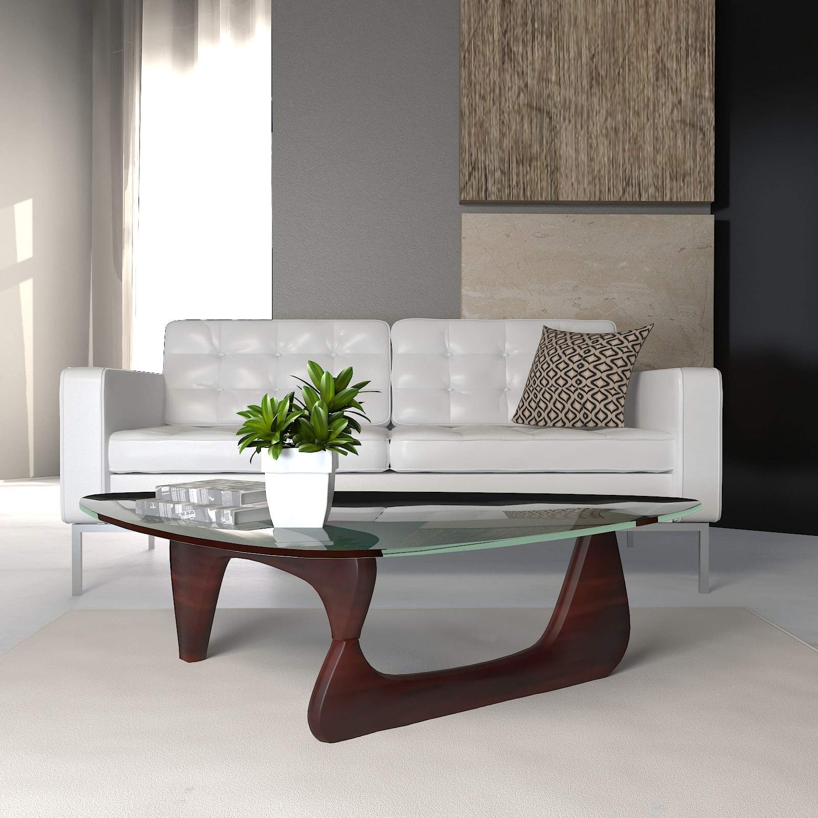 LeisureMod Imperial Glass Top Triangle Coffee Table with Cherry Base - Modern Living Room Furniture for Small Spaces, Apartments & Home Decor
