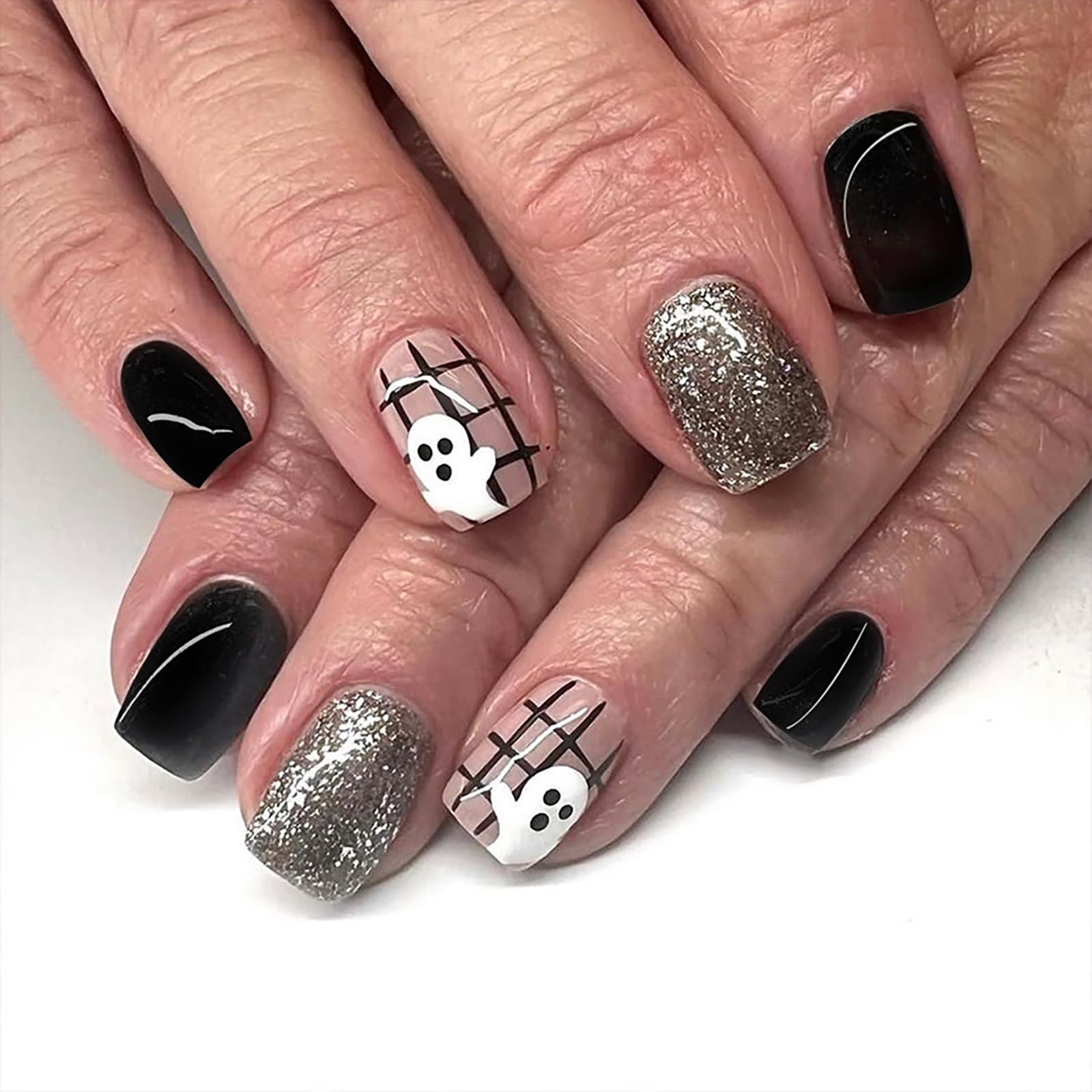 24Pcs Halloween Press-On Nails Short Square Black Fake Nails with Ghost Design - Glitter Acrylic Full Cover Stick on Nails for Women & Girls | Perfect for Halloween Parties, Costume Events & Spooky Nail Art