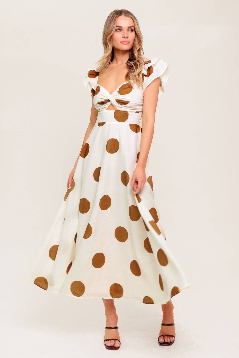 MOJITO MOOD Polka Dot Midi Dress in Camel - Flowy Summer Dress for Beach, Vacation & Casual Outings