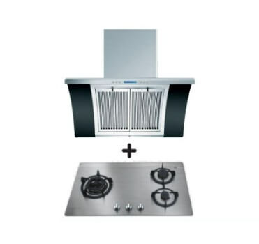Ellane EH 2688 90cm Stainless Steel Chimney Hood with Arch Glass & Ellane OS 812SV 86cm 3-Burner Stainless Steel Cooktop - Modern Kitchen Ventilation and Cooking Combo for Home Chefs