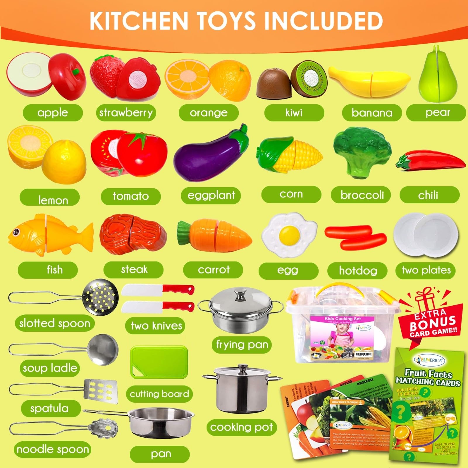 FUNERICA Realistic Stainless Steel Toy Kitchen Set - Pretend Play Food, Pots, Pans & Utensils for Kids | Educational Cooking Toys for Toddlers | Perfect for Imaginative Play & Early Learning