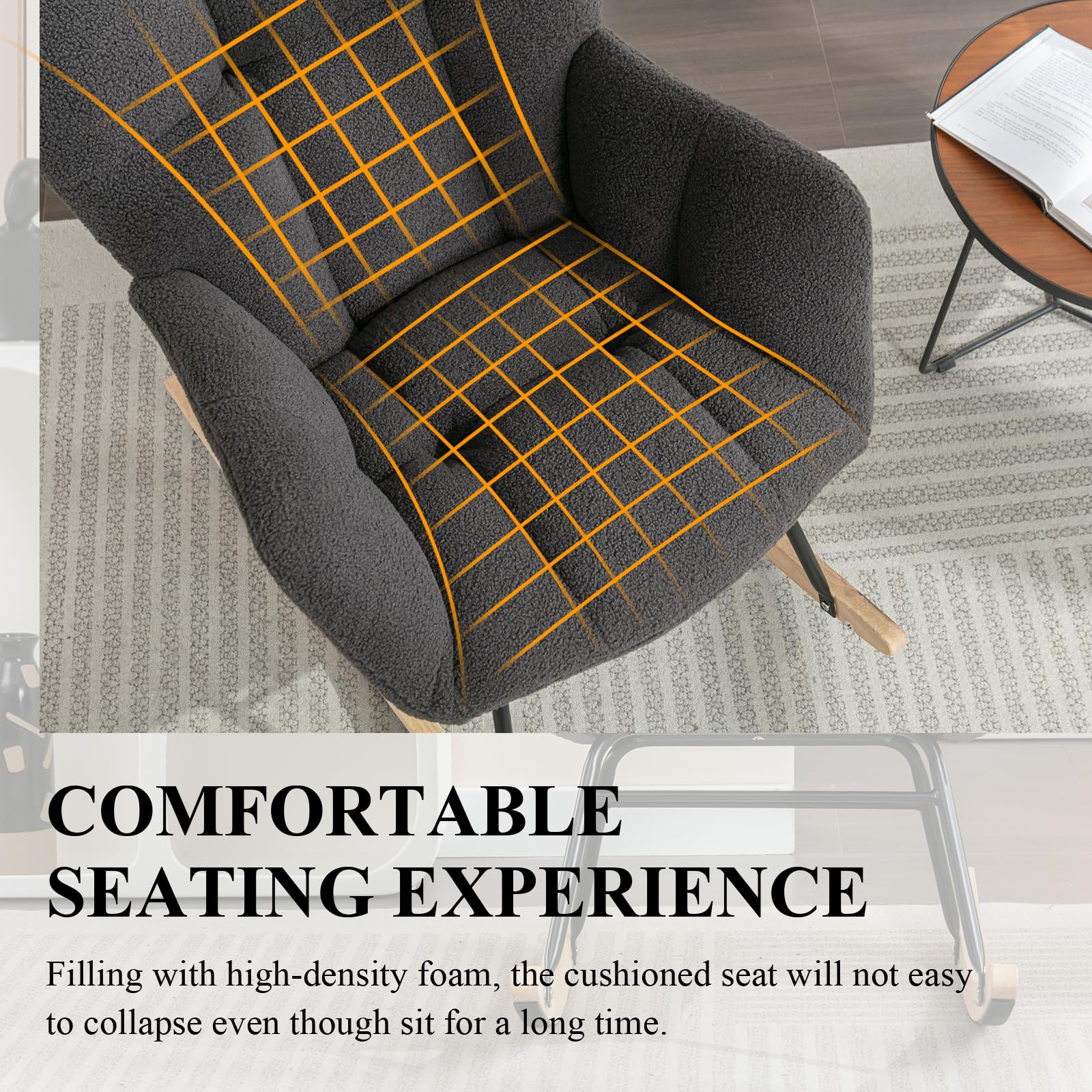 **Nursery Rocking Chair - Teddy Upholstered Glider Rocker with High Backrest, Metal Legs, Accent Armchair for Living Room, Nursery, or Reading - Dark Gray - Perfect for Relaxing, Nursing, and Storytime**