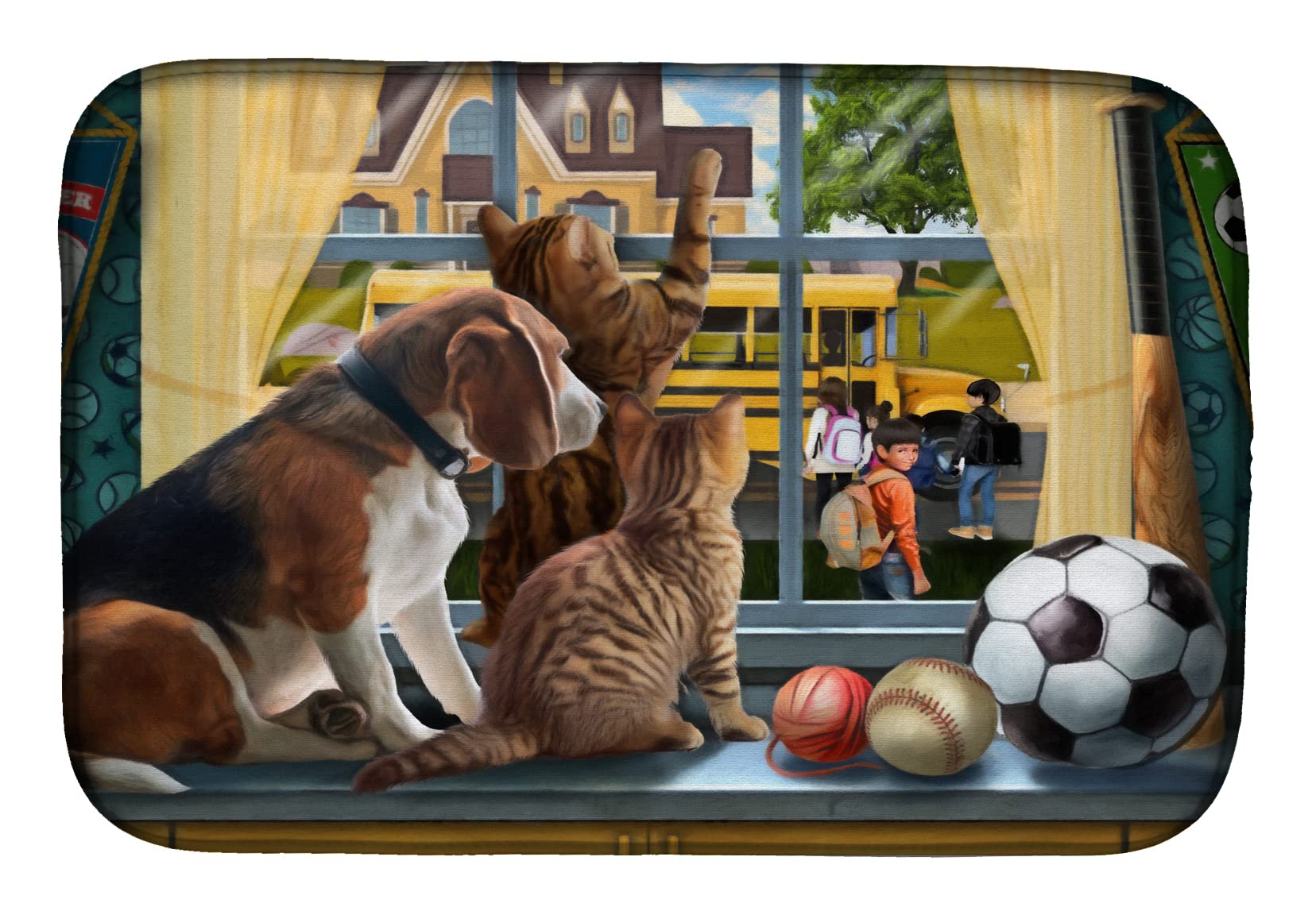 Beagle & Cats Back to School Dish Drying Mat - Absorbent Kitchen Counter Mat (14x21