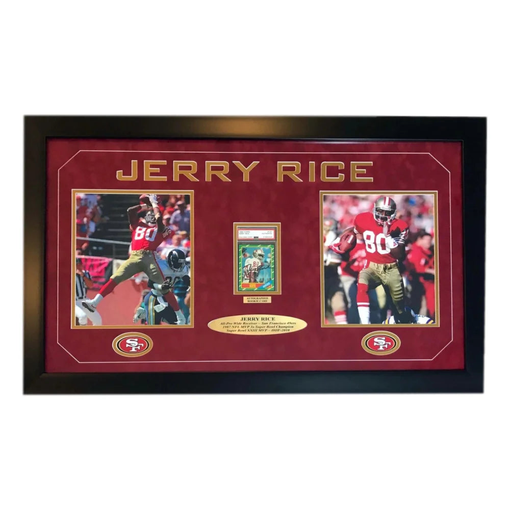 Jerry Rice Autographed Rookie Card Framed Memorabilia with COA & PSA Certification - Perfect for 49ers Fans, Sports Collectors, and Man Cave Decor
