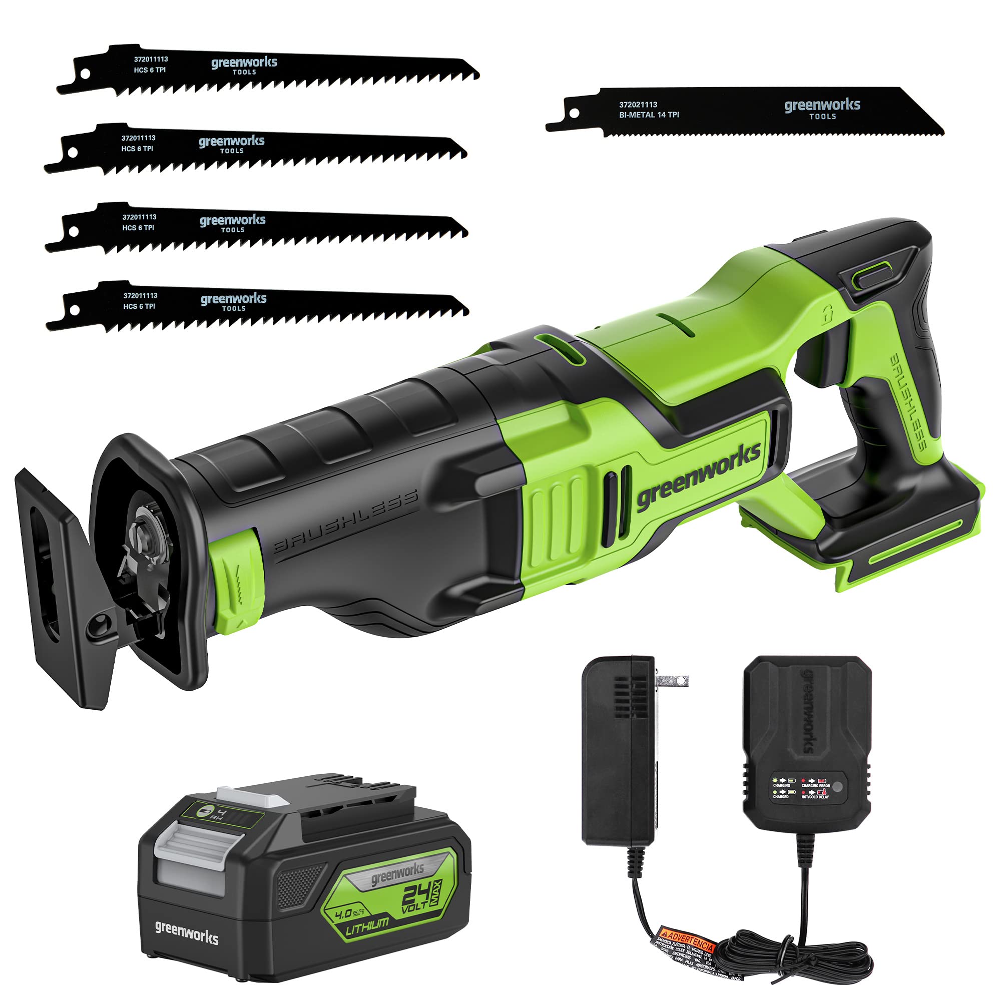 24V Brushless Reciprocating Saw with 4.0Ah Battery & Charger - Cordless Electric Power Tool for Wood Cutting, Metal Sawing, and DIY Home Renovation Projects