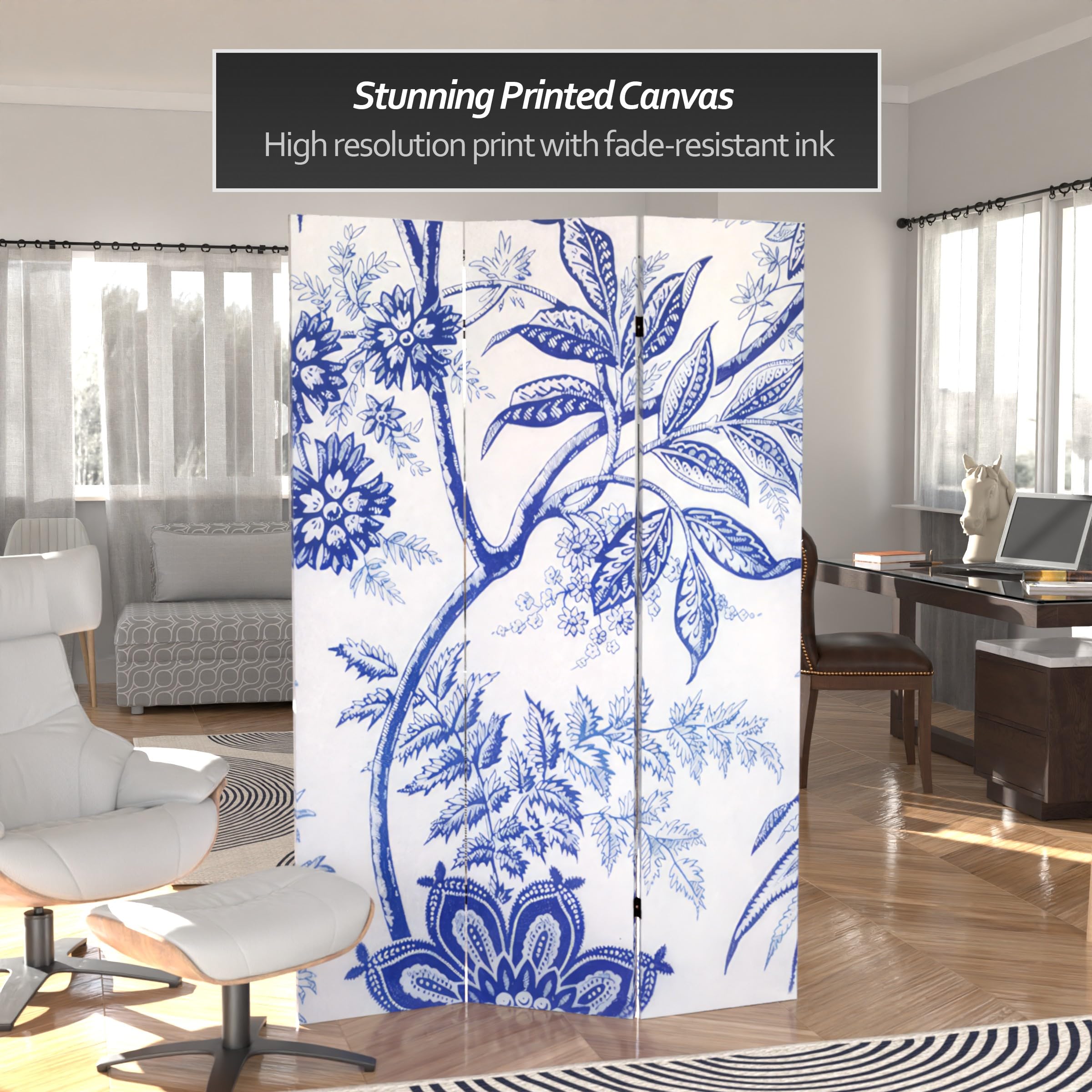 6 ft. Tall Blue Toile Double Sided Folding Room Divider Screen - 3 Panel Privacy Partition for Home, Office & Event Decor - 71 Inch Height for Versatile Space Separation
