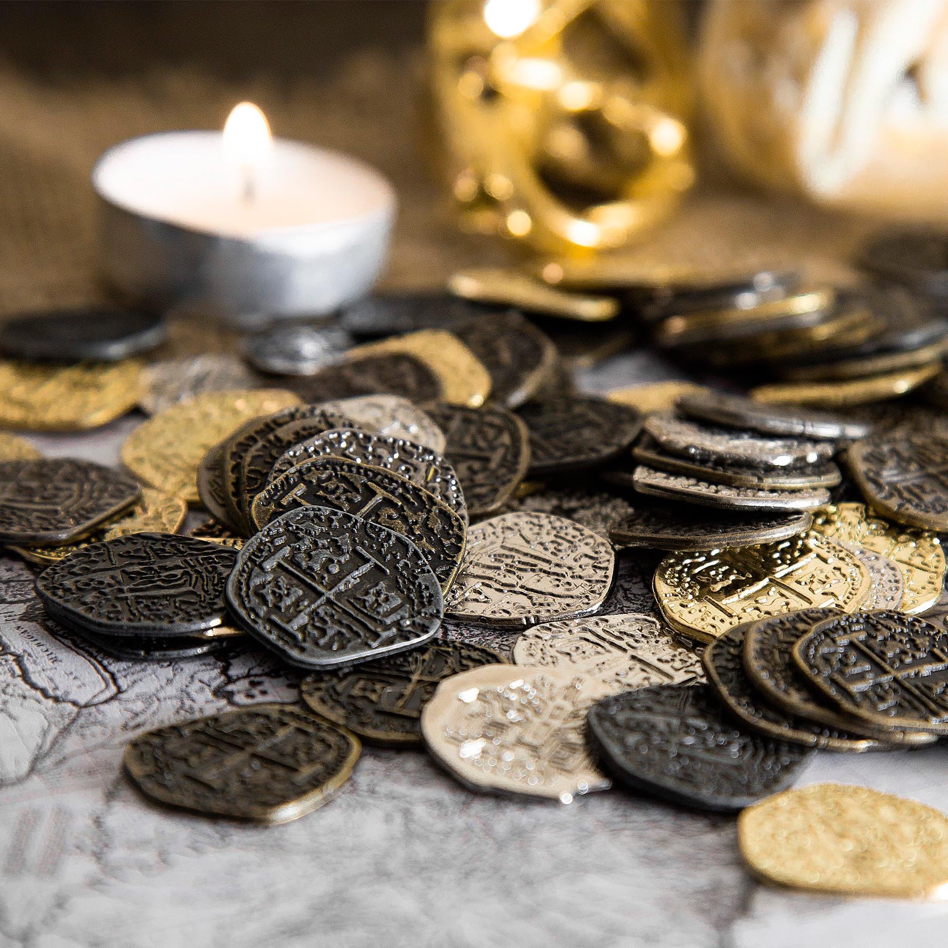 Beverly Oaks Metal Pirate Coins - Authentic Gold & Silver Spanish Doubloon Replicas - Fantasy Treasure Coins for Pirate Themed Parties, Collectibles & DIY Crafts (30-Piece Set)