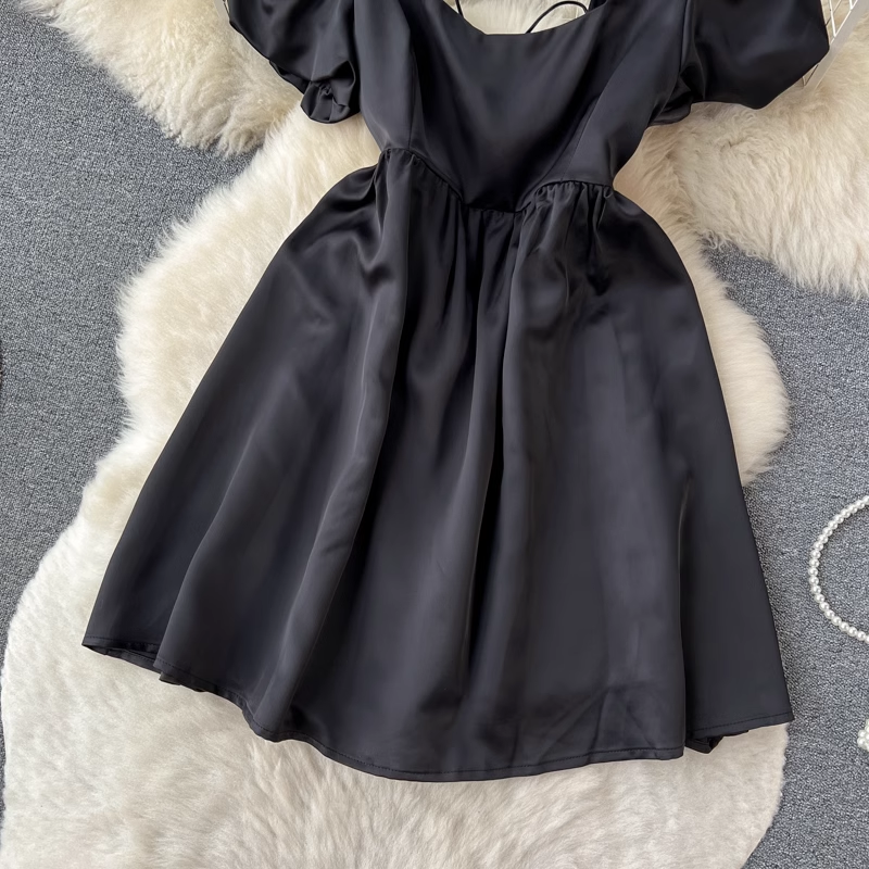 Elegant French Style Black Summer Dress for Women - Backless Puff Sleeve Midi Skirt | Perfect for Cocktail Parties, Date Nights & Special Occasions