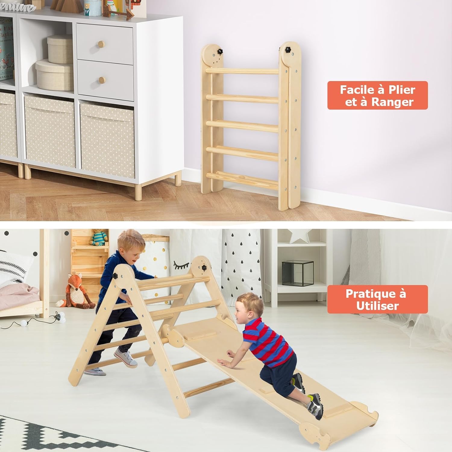 GOPLUS 4-in-1 Foldable Montessori Climbing Triangle with Slide & Ramp - Indoor Play Gym for Kids Ages 3-9 Years - 60KG Weight Capacity (Natural Wood) - Perfect for Home Playrooms, Daycares & Montessori Learning Spaces