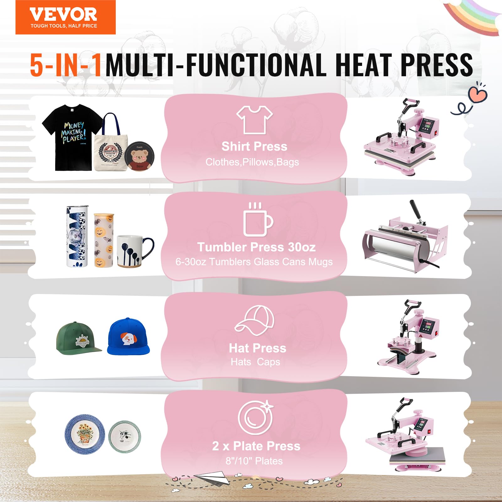 VEVOR 5 in 1 Heat Press Machine Combo with 30oz Tumbler Press & Hat Press, 12x15 Inch Sublimation Heat Press for T-Shirts, Hats, Caps, Tumblers, Mugs, Plates - Perfect for DIY Crafts, Custom Apparel & Small Business (Pink)
