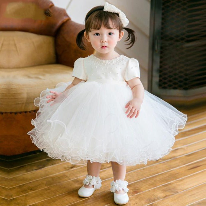 Elegant White Princess Tea-Length Flower Girl Dress with Cascading Ruffles - Perfect for Weddings, Pageants & Special Occasions