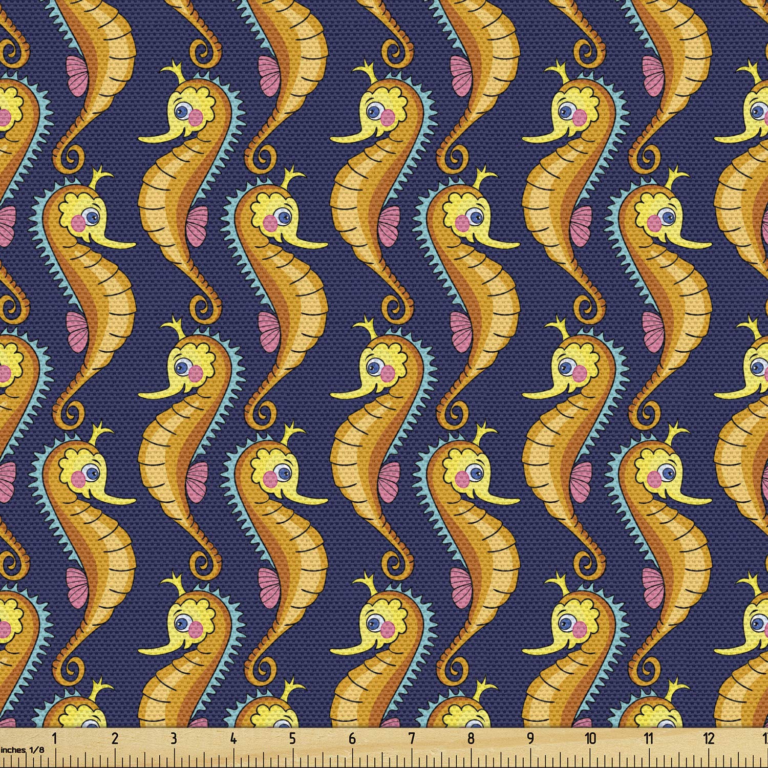 Ambesonne Nautical Fabric by The Yard - Funny Seahorse & Bubble Marine Print Upholstery Fabric (10 Yards, Dark Blue/Apricot) for DIY Home Decor, Curtains, Pillows & Craft Projects | Water-Themed Kids Room & Coastal Decor