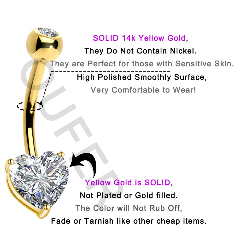 14K Solid White Gold Belly Button Rings with Heart Solitaire Cubic Zirconia - OUFER Body Piercing Jewelry for Women - Perfect for Everyday Wear, Parties & Beach Outfits