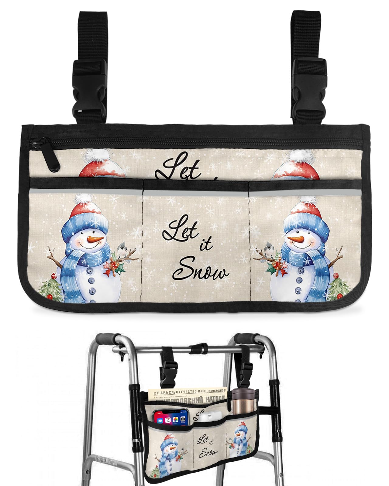 Waterproof Walker Bag Organizer with Snowman & Bird Design - Beige Snowflake Wheelchair Caddy Pouch for Storage & Carry | Perfect for Seniors, Disabled & Mobility Aid Users
