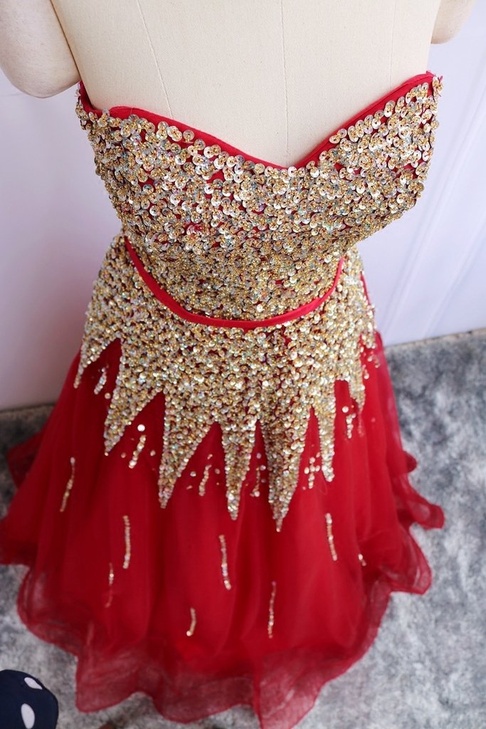 Kivary® Red A-Line Prom Dress with Gold Beading - Long Corset Sash Sweetheart Neckline Evening Gown for Homecoming, Wedding, Pageant & Formal Events