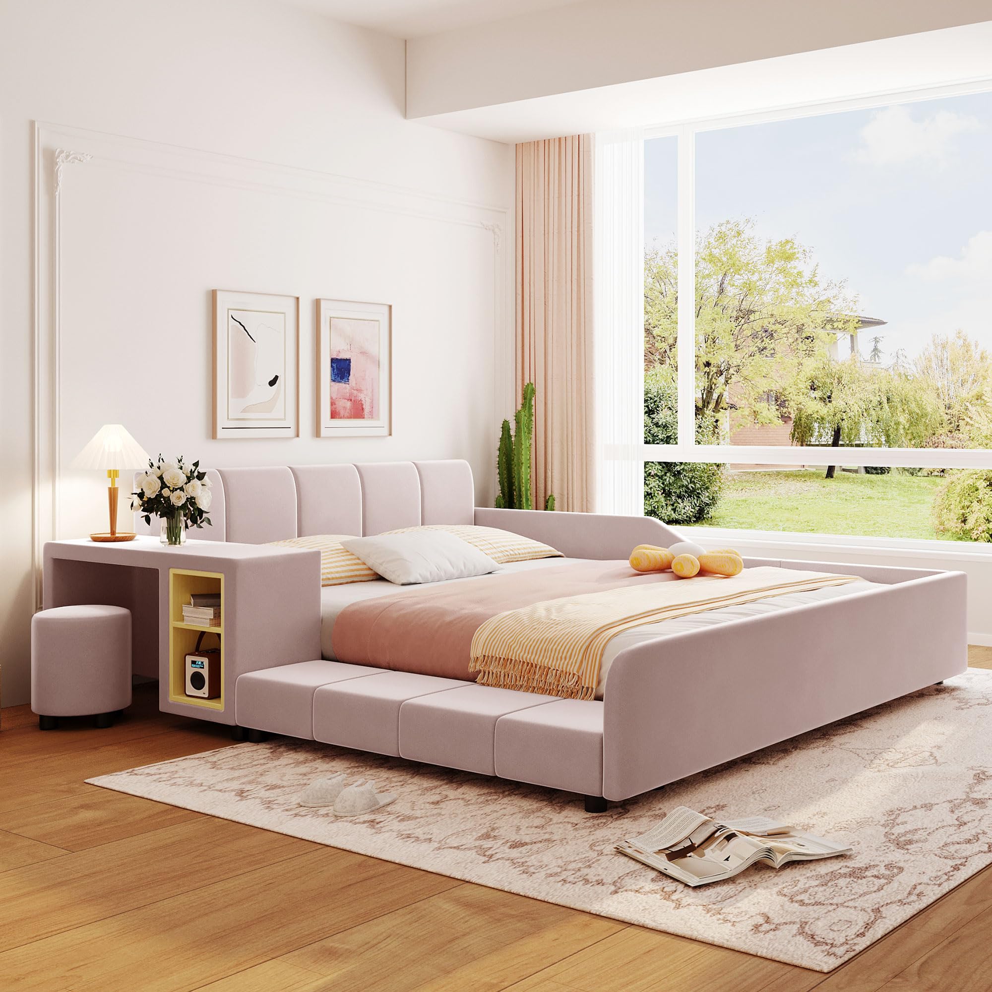 Velvet Upholstered Queen Size Platform Bed Frame with Bedside Desk & Stool - Wooden Floor Bed for Kids & Adults - Pink Bedroom Furniture for Small Spaces & Cozy Sleeping