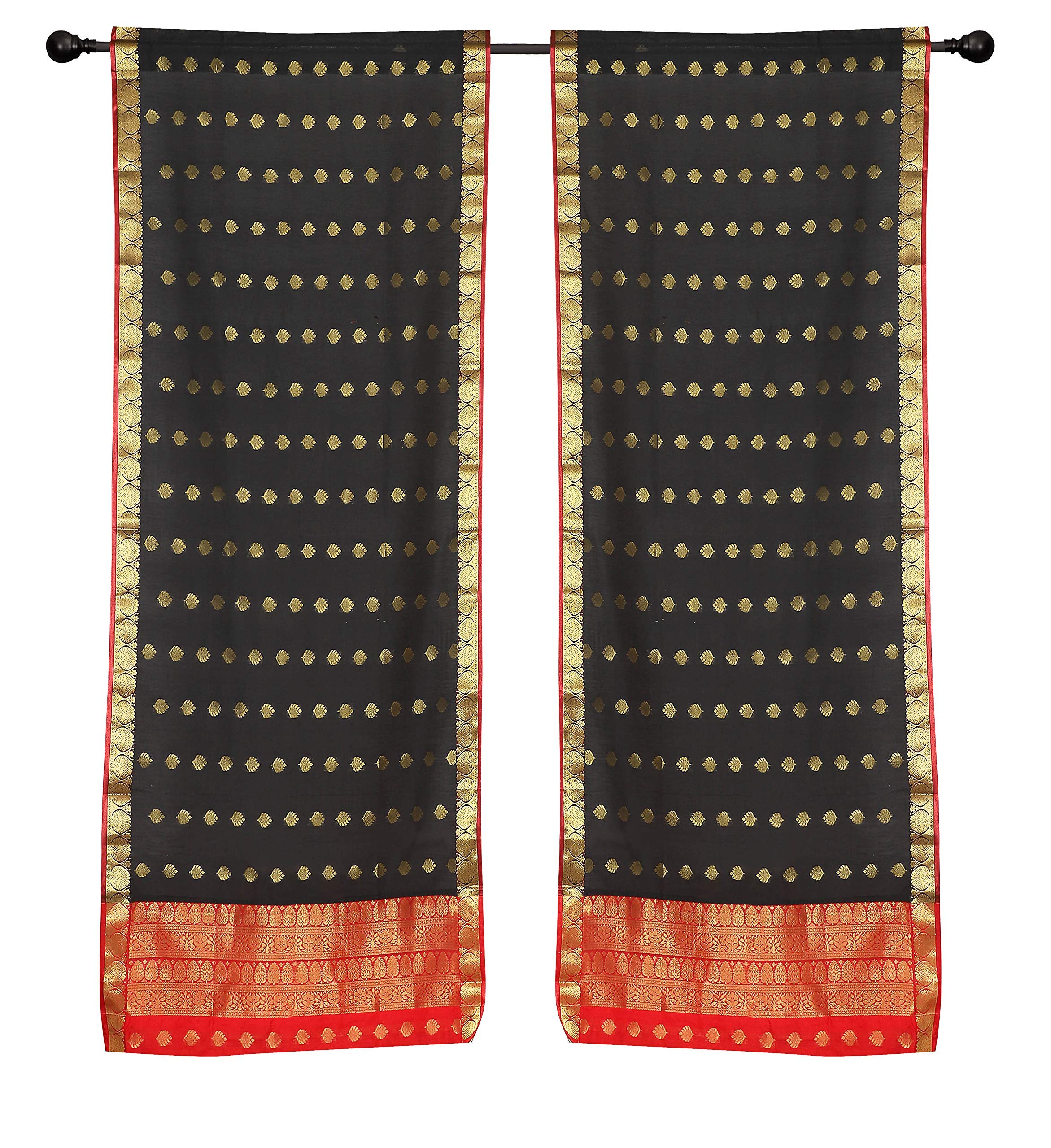 2 Pack Black Bohemian Indian Sari Rod Pocket Cafe Curtains - 43 Inch Wide x 24 Inch Long - Perfect for Kitchen Windows, Dining Room & Boho Home Decor
