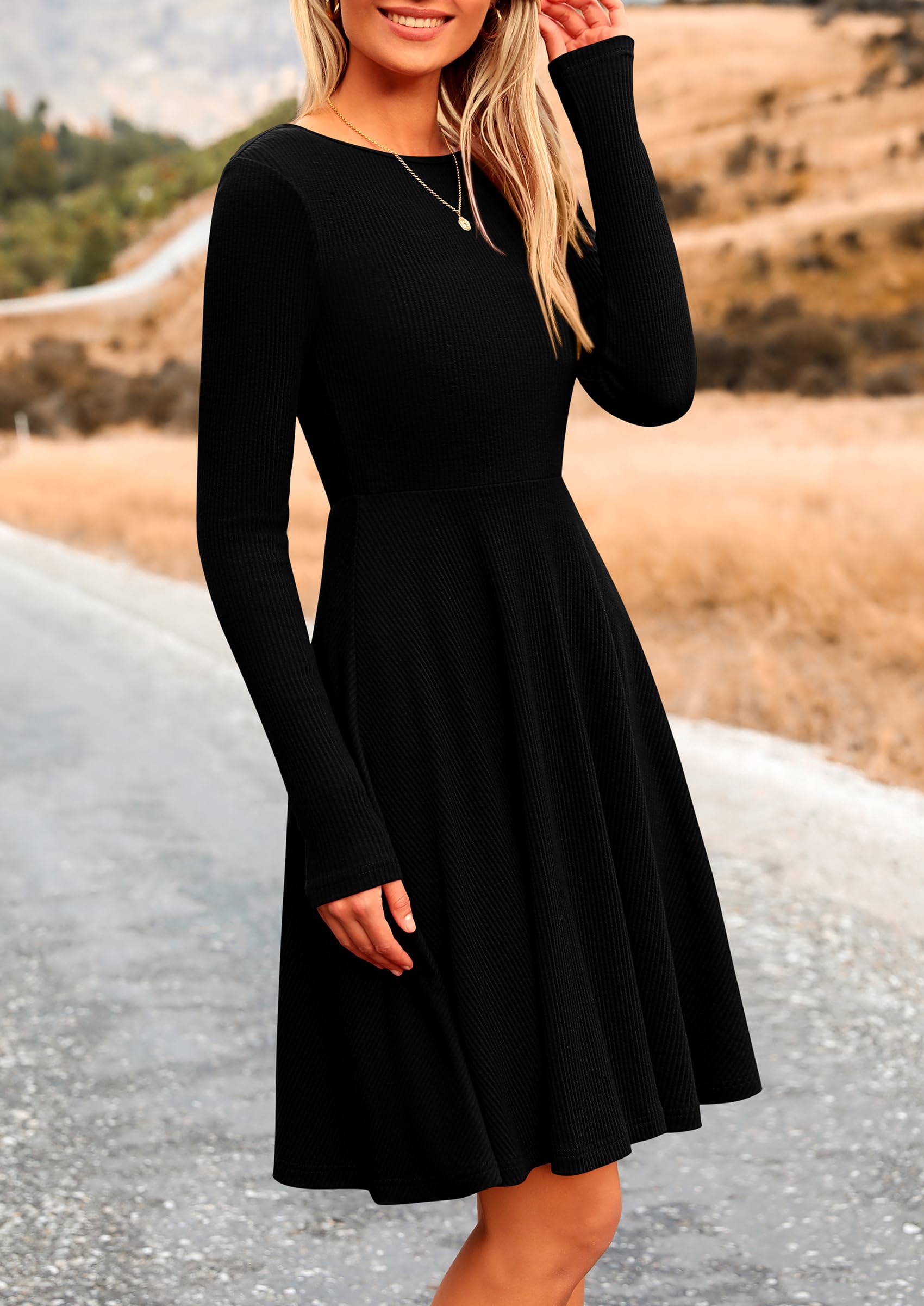 PRETTYGARDEN Women's Ribbed Knit Dress - Long Sleeve Crewneck A-Line Flowy Casual Dress for Spring & Fall | Perfect for Office Wear, Date Nights & Weekend Outings