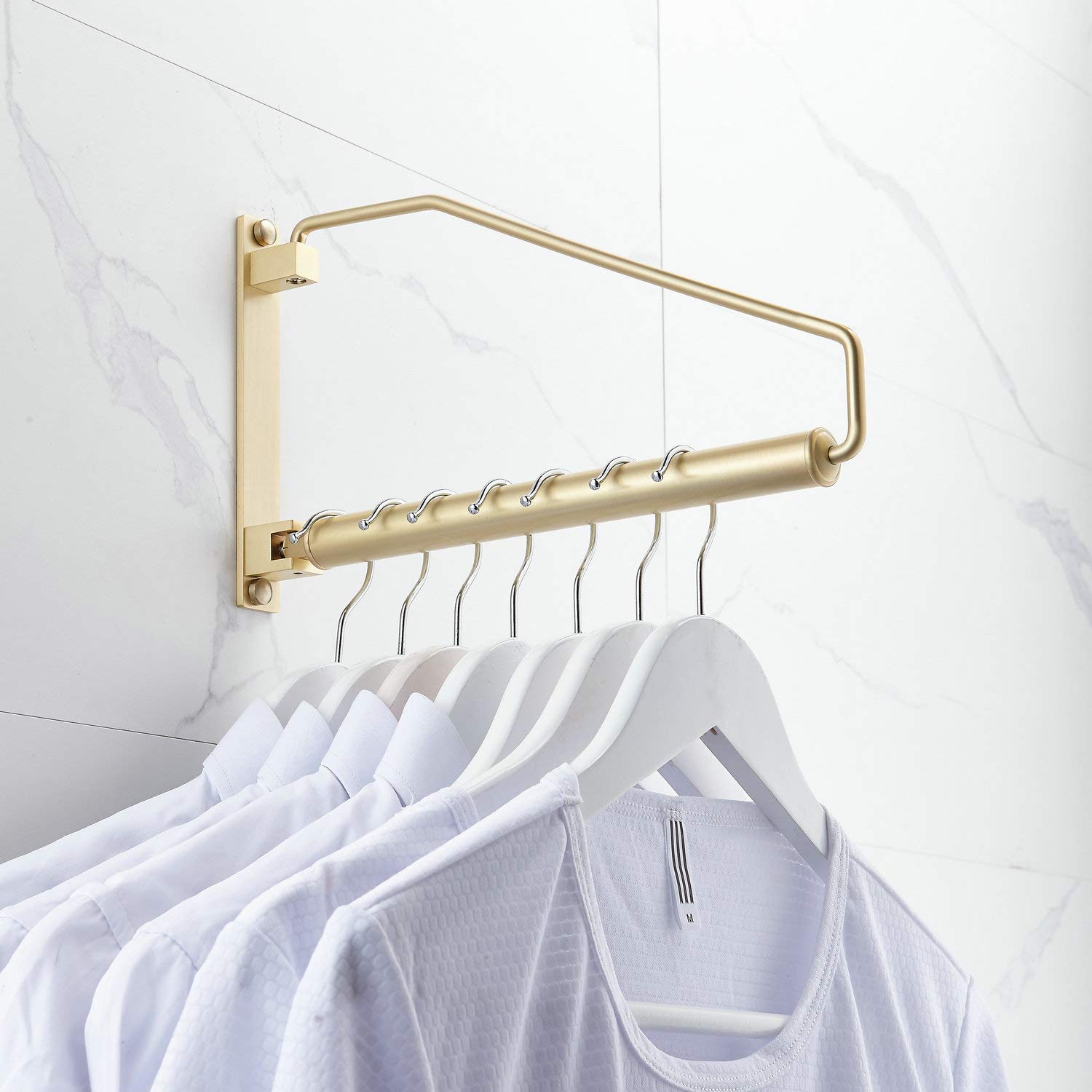 Gold Brushed Folding Clothes Hanger - 12 Inch Wall Mounted Laundry Drying Rack for Closet & Small Spaces | Space Saving Brass Clothes Organizer for Bedroom, Bathroom & Laundry Room