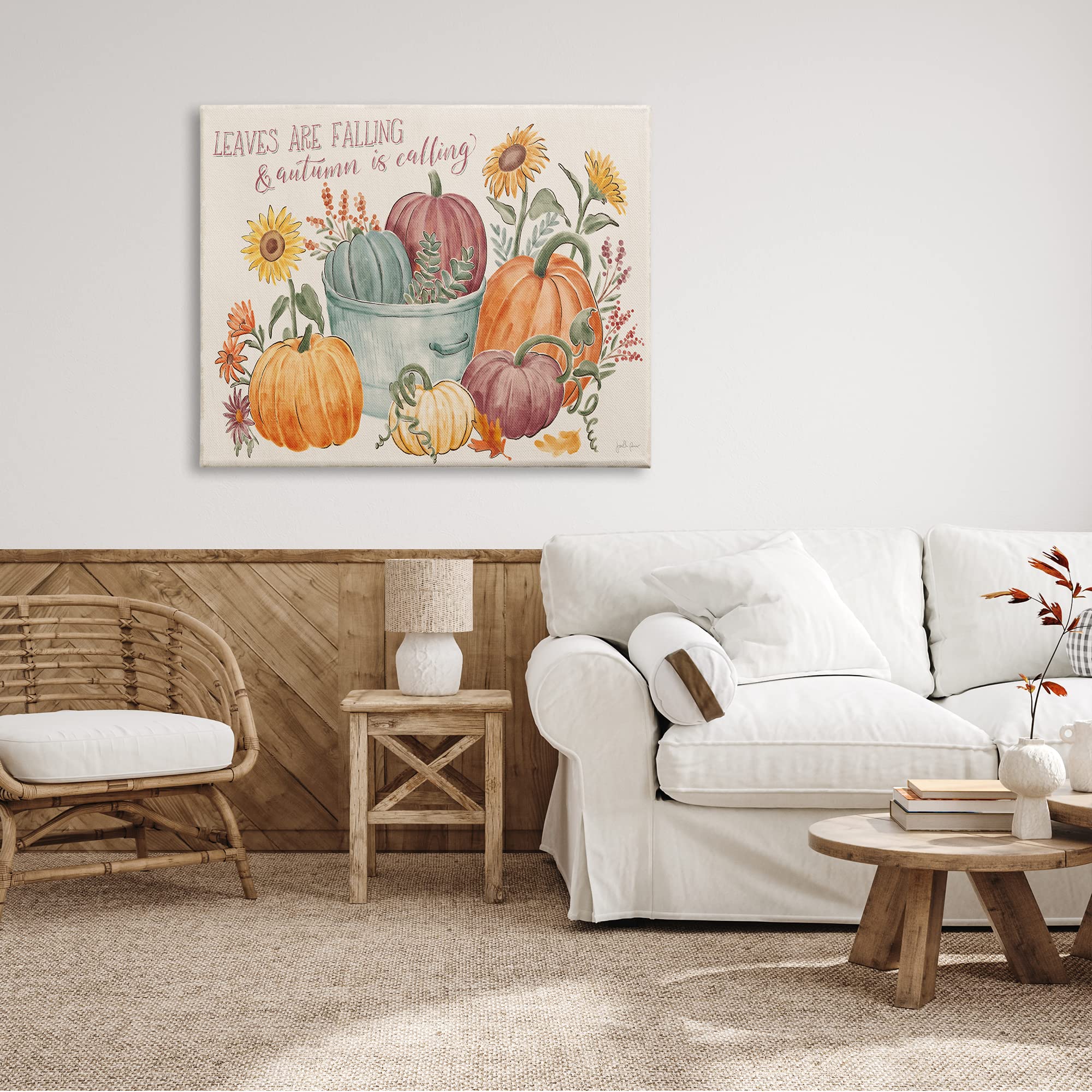 Stupell Industries 'Leaves Falling Autumn is Calling' Pumpkin Baskets Canvas Wall Art - 48x36 Inch Orange Fall Decor for Living Room, Bedroom & Seasonal Home Decor