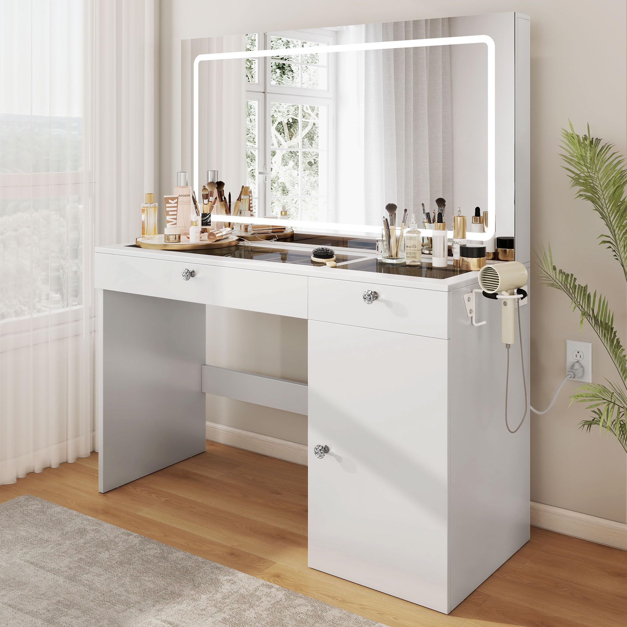 DWVO 47-Inch Vanity Desk with Power Outlet & LED Mirror - 3 Color Modes, 4-Tier Storage | Modern Dressing Table for Makeup, Skincare & Hair Styling | Perfect for Bedroom, Bathroom & Salon Use