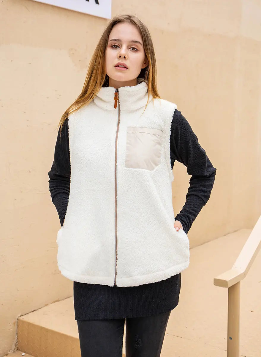 Rue Sherpa Vest with Faux Pocket Patch - Cozy Fleece-Lined Winter Vest for Women, Outdoor Hiking & Casual Wear