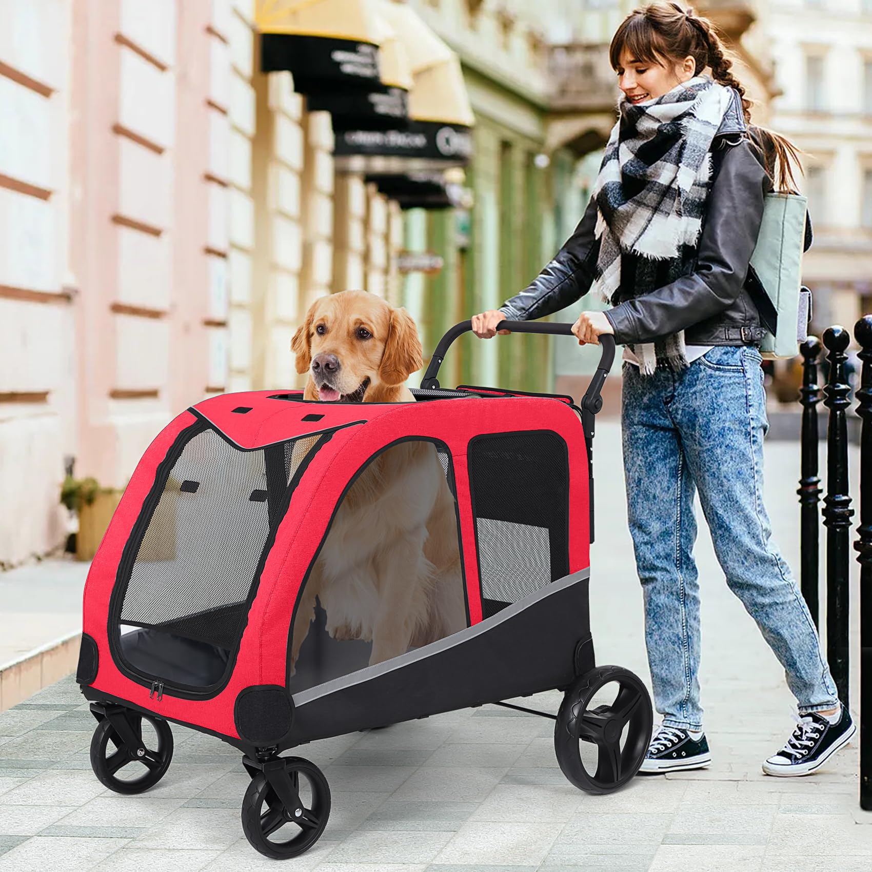 Extra Large Dog Stroller for 2 Dogs - Heavy Duty Pet Wagon & Carriage up to 160 lbs, Foldable Design with Adjustable Handle & Storage Pocket (Red) - Perfect for Walking, Shopping & Outdoor Adventures with Your Pets
