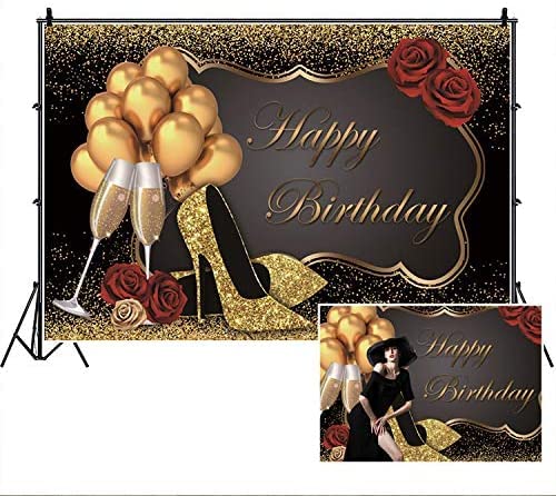 Yeele 6x4ft Black Gold Glitter Birthday Backdrop with Golden Balloons, Sequin High Heels & Champagne - Elegant Red Rose Photography Background for Women's Birthday Parties, Baby Showers & Photo Booth Decorations