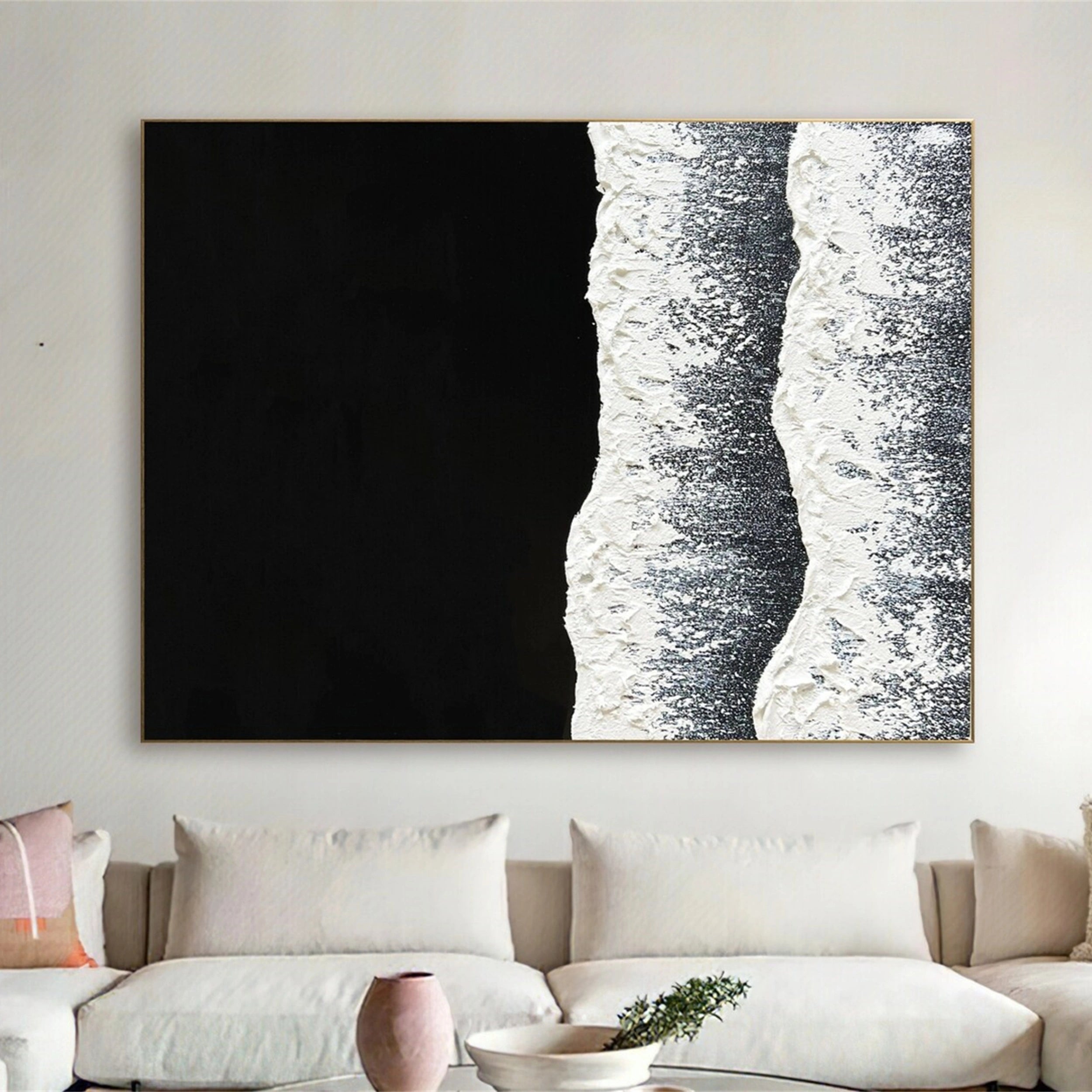 Black and White Textured Minimalist Wall Art Print #MZ057 - Modern Abstract Canvas Painting for Living Room, Bedroom & Office Decor