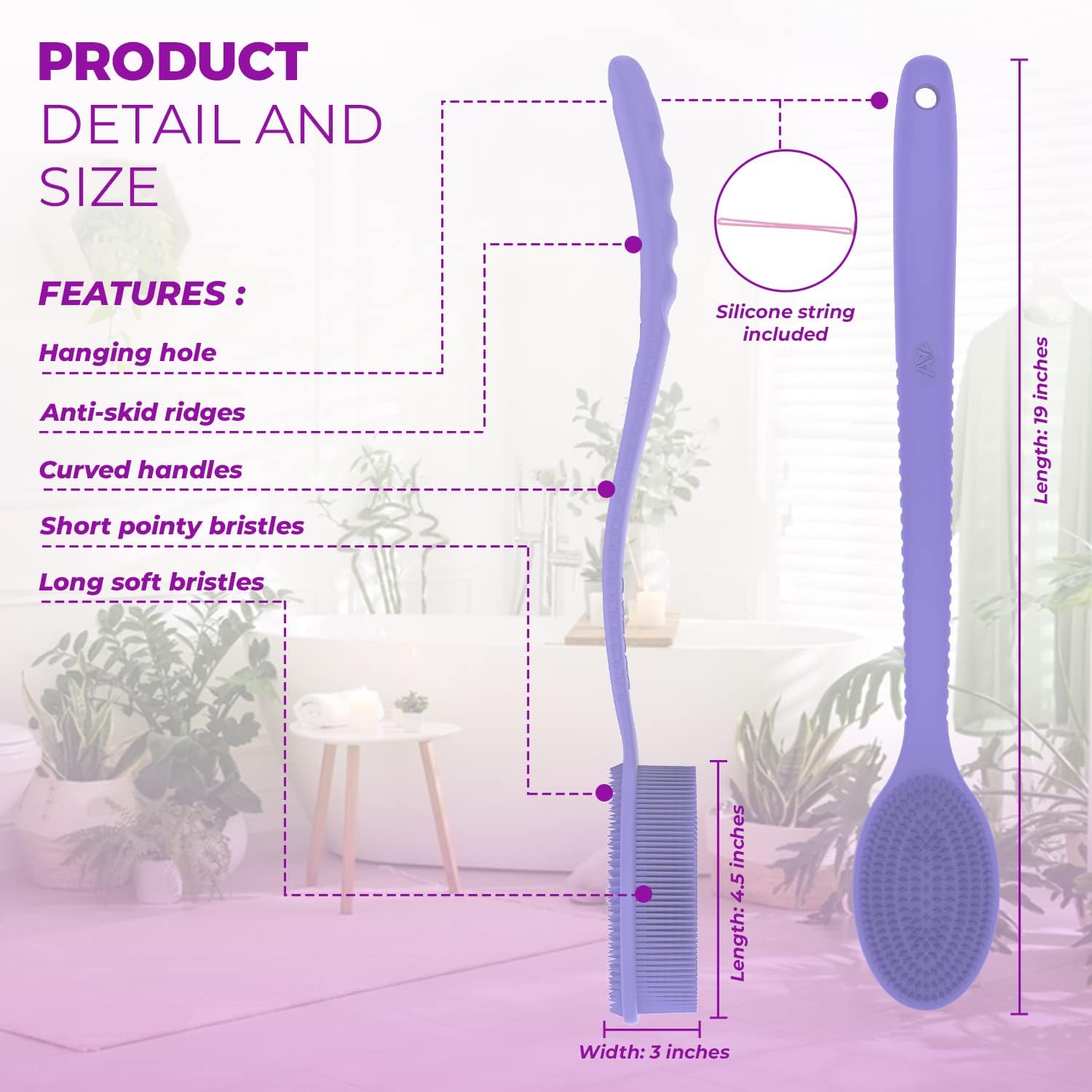 Avilana 19-Inch Silicone Back Scrubber with Handle - Long Shower Brush for Exfoliating & Cleansing - Soft Loofah Scrubber for Men & Women - Perfect for Hard-to-Reach Areas & Spa-Like Experience (Lavender)