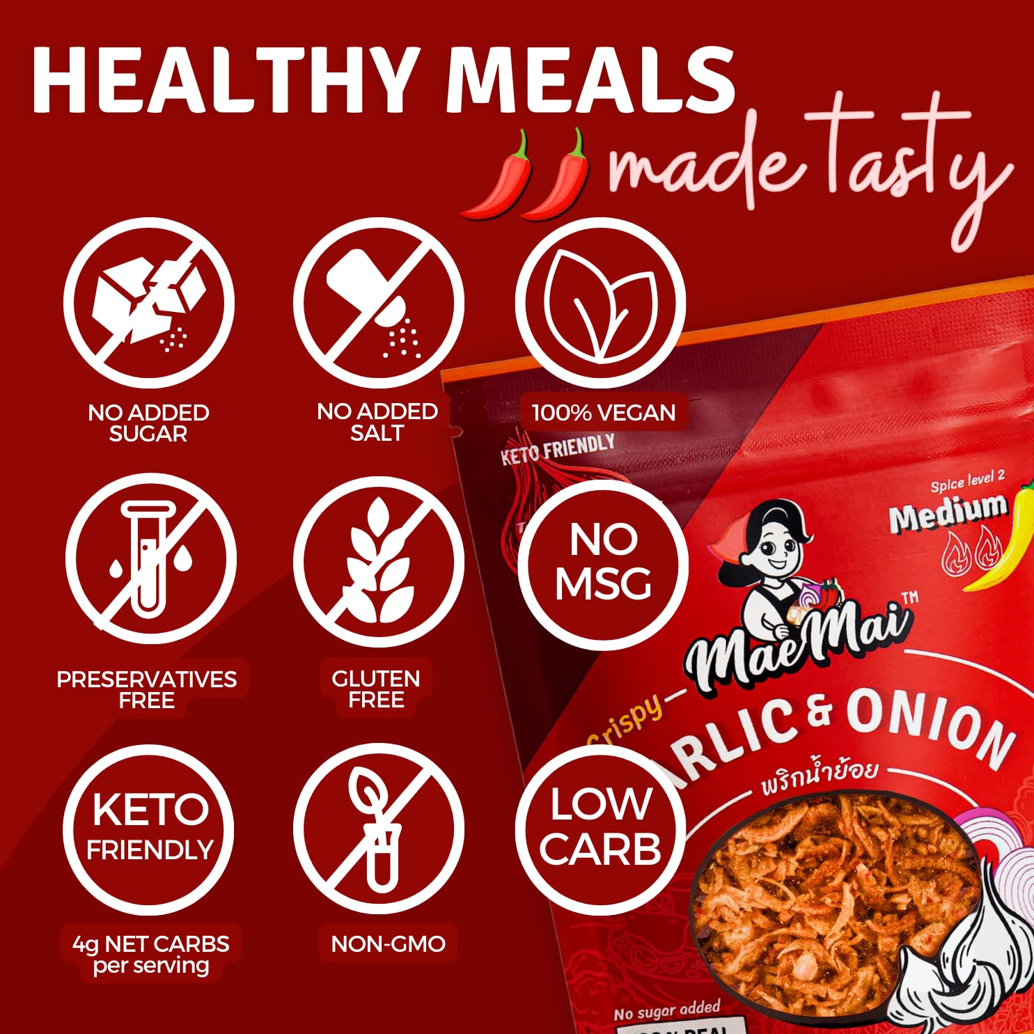 MaeMai Medium Spicy Crispy Onions & Garlic Flakes - Crunchy All-Purpose Seasoning for Keto, Salads, Ramen, Rice | Vegan, Gluten-Free, Low Carb Topping | Perfect for Stir-Fry, Pasta & Snacks | 2.65oz (75g)