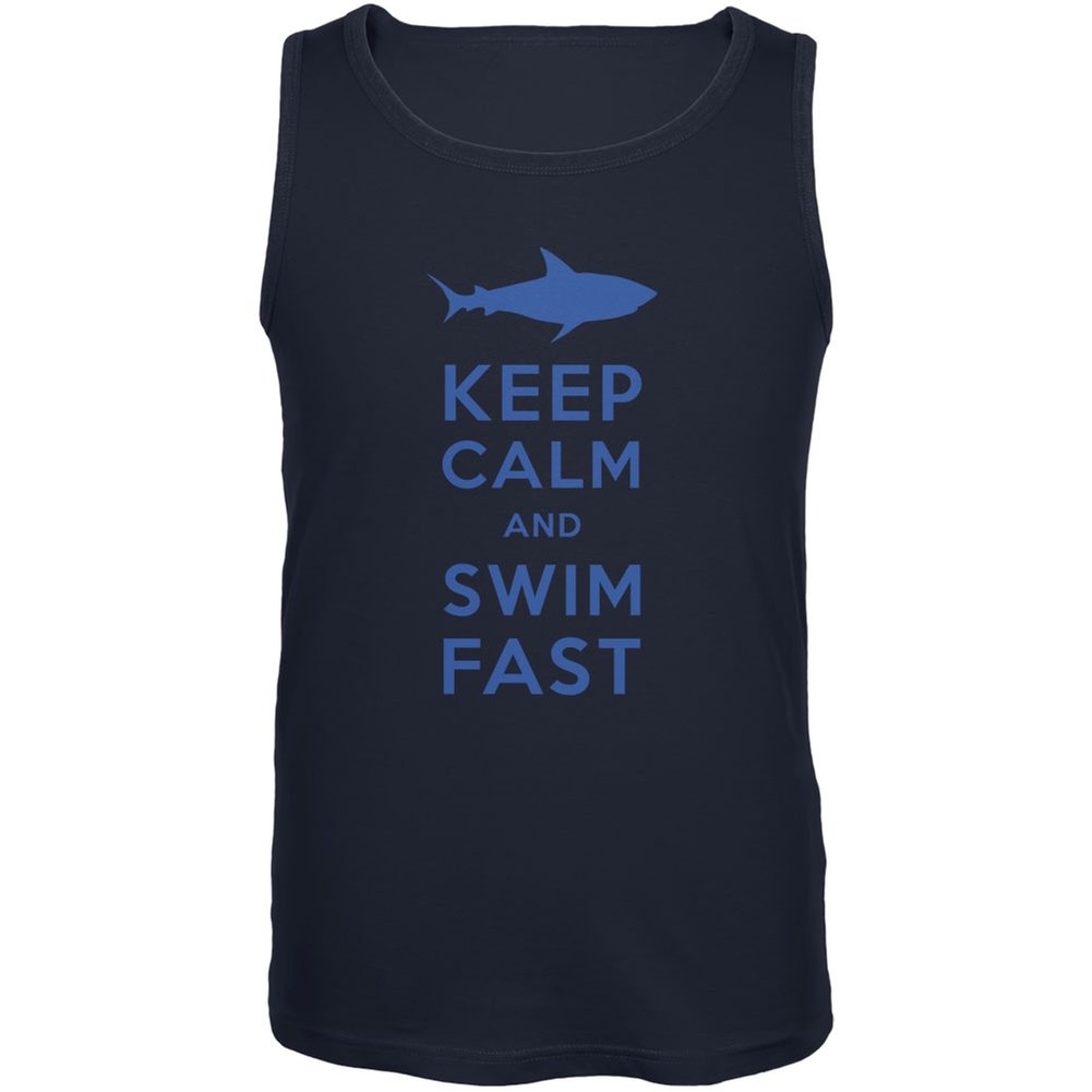 Shark Keep Calm and Swim Fast Navy Blue Adult Tank Top - Comfortable Casual Wear for Beach, Gym & Summer Activities