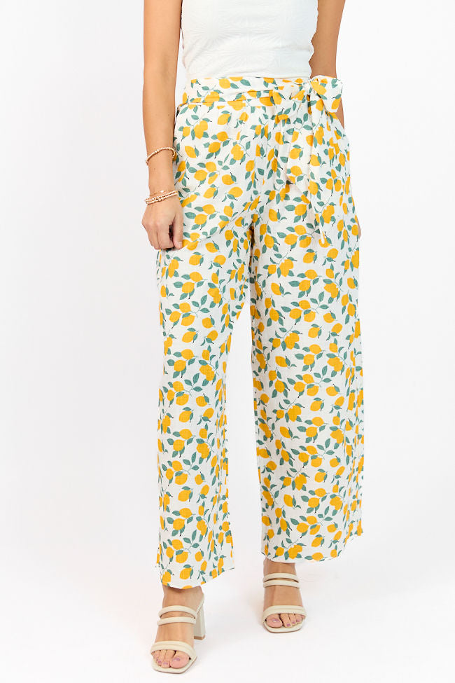 Main Squeeze Ivory Lemon Print Belted Wide Leg Pants - Women's Casual Summer Trousers for Beach, Vacation & Boho Style Outfits
