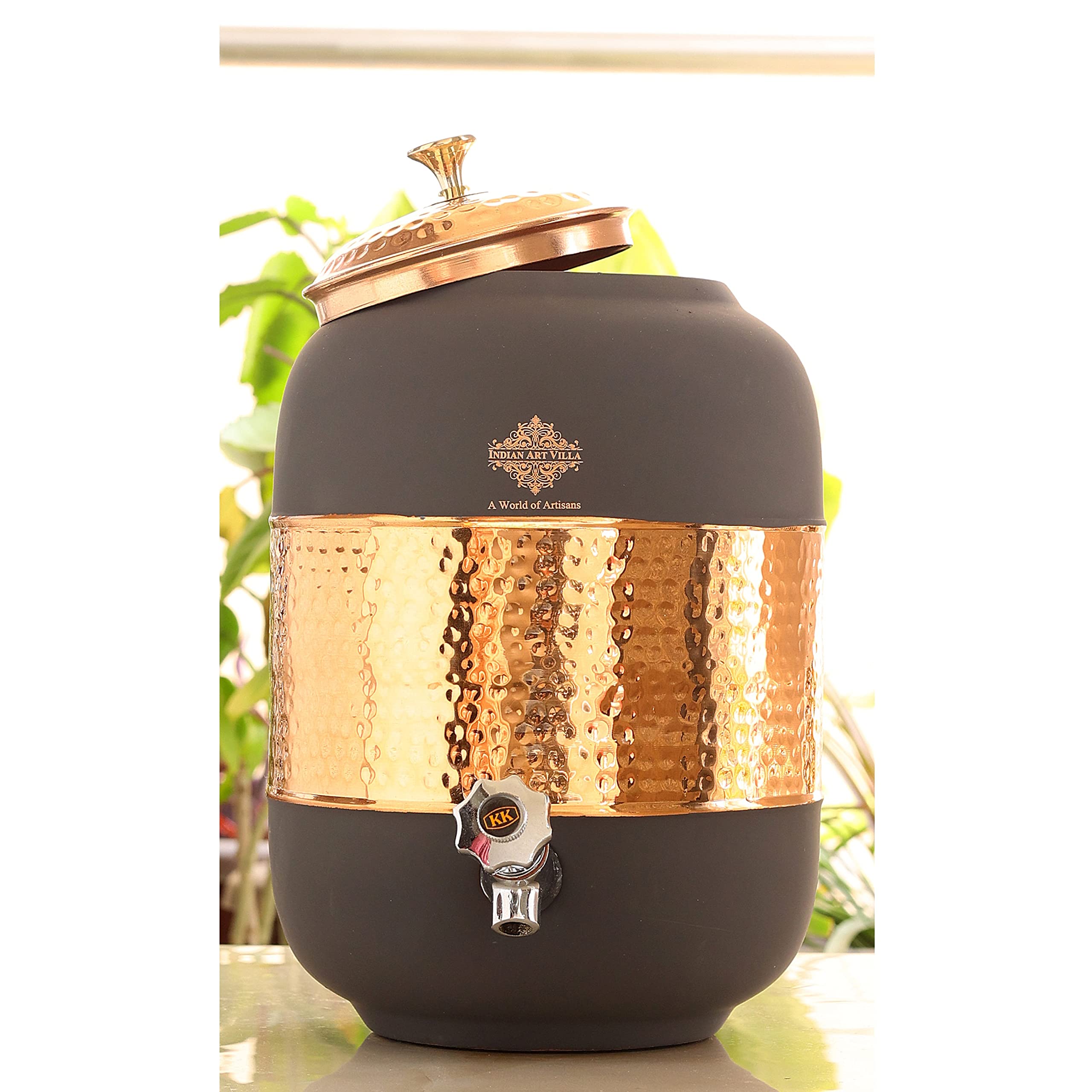 Handmade Indian Art Villa Half Hammered Copper Water Pot with Silk Finish - 270oz (8L) Grey - Traditional Water Storage for Home, Yoga, Ayurveda & Spiritual Ceremonies