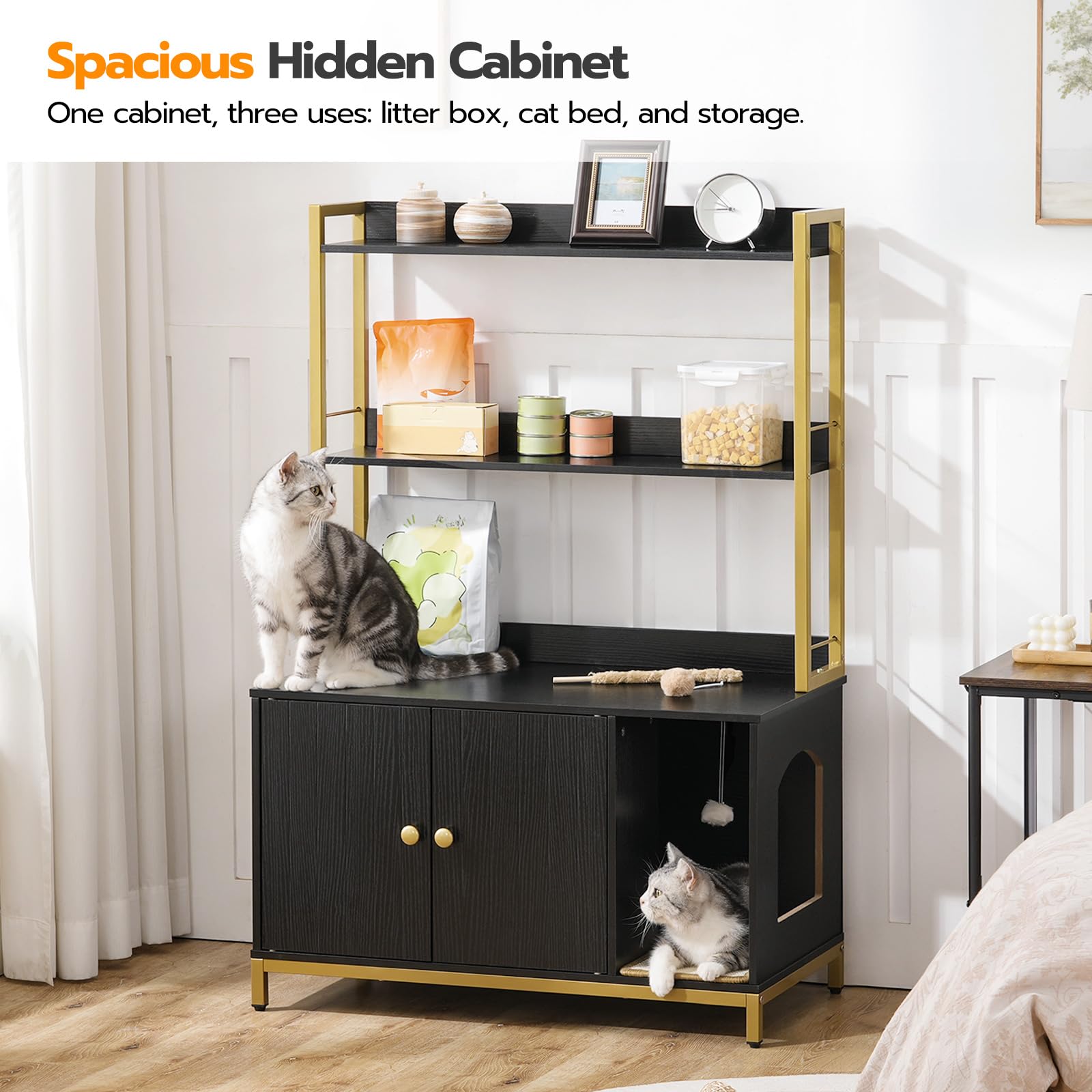 HOOBRO Large Cat Litter Box Enclosure with 2 Storage Shelves - Wooden Litter Box Furniture Cabinet with Scratching Pad - Hidden Cat Litter Box for Home, Living Room, Bedroom - Sturdy & Solid Design (31.5
