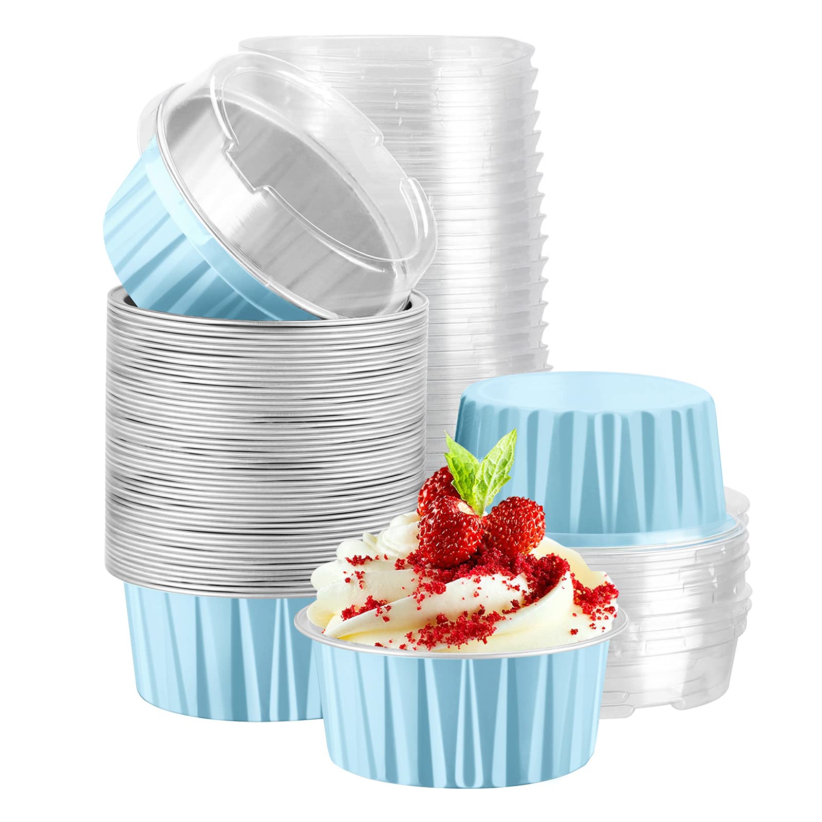 EUSOAR 50pcs 5oz Aluminum Foil Baking Cups - Reusable Cupcake Muffin Liners with Lids, Light Blue - Perfect for Baking, Dessert Containers, Party Treats & Food Storage