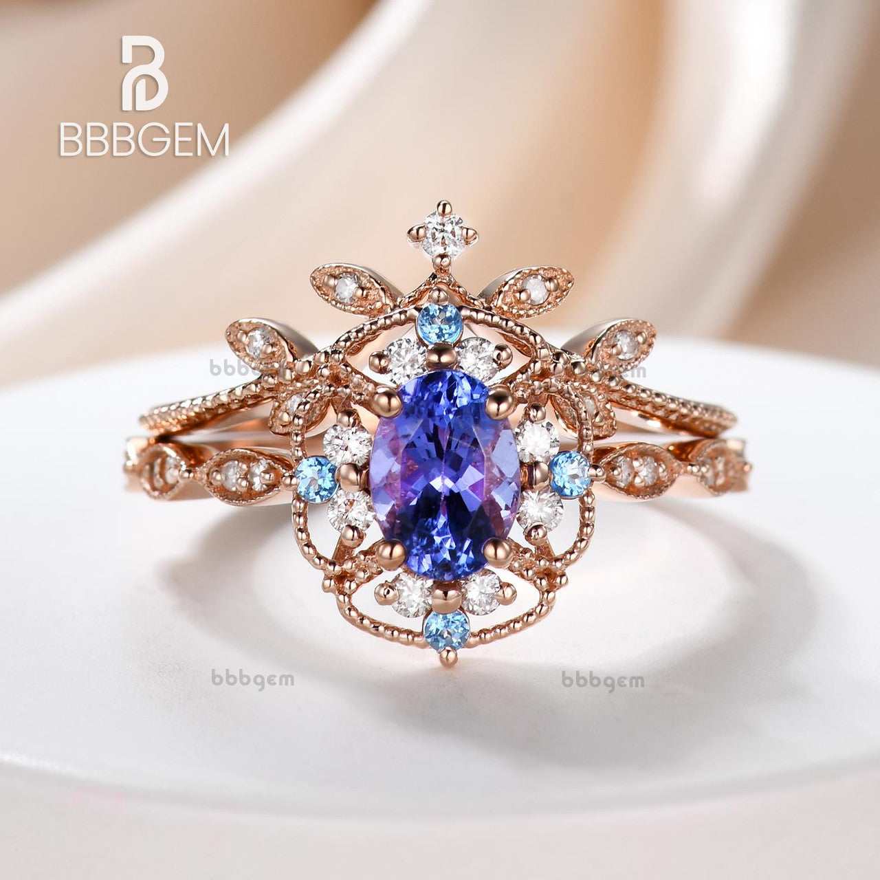 Exquisite Rose Gold Tanzanite Engagement Ring & Art Deco Diamond Wedding Ring Set for Women - Vintage Bridal Jewelry, Anniversary Gift, Proposal Present