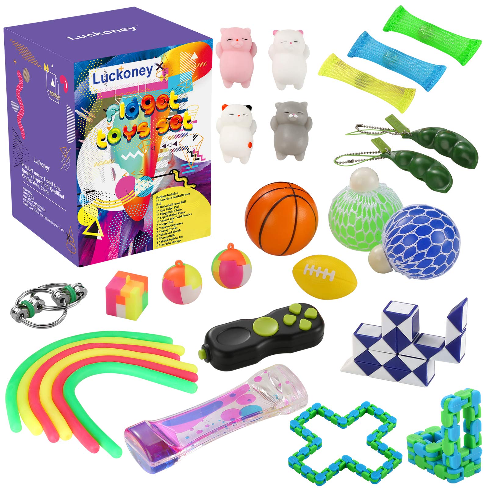 28 Pack Sensory Fidget Toys Set for ADHD & Autism - Liquid Motion Timer, Grape Ball, Flippy Chain, Stretchy String, Squeeze-a-Bean, Slime, Mesh & Marble, Mochi Squishy - Stress & Anxiety Relief for Kids & Adults - Perfect for Classroom, Office, Travel and Therapy Use