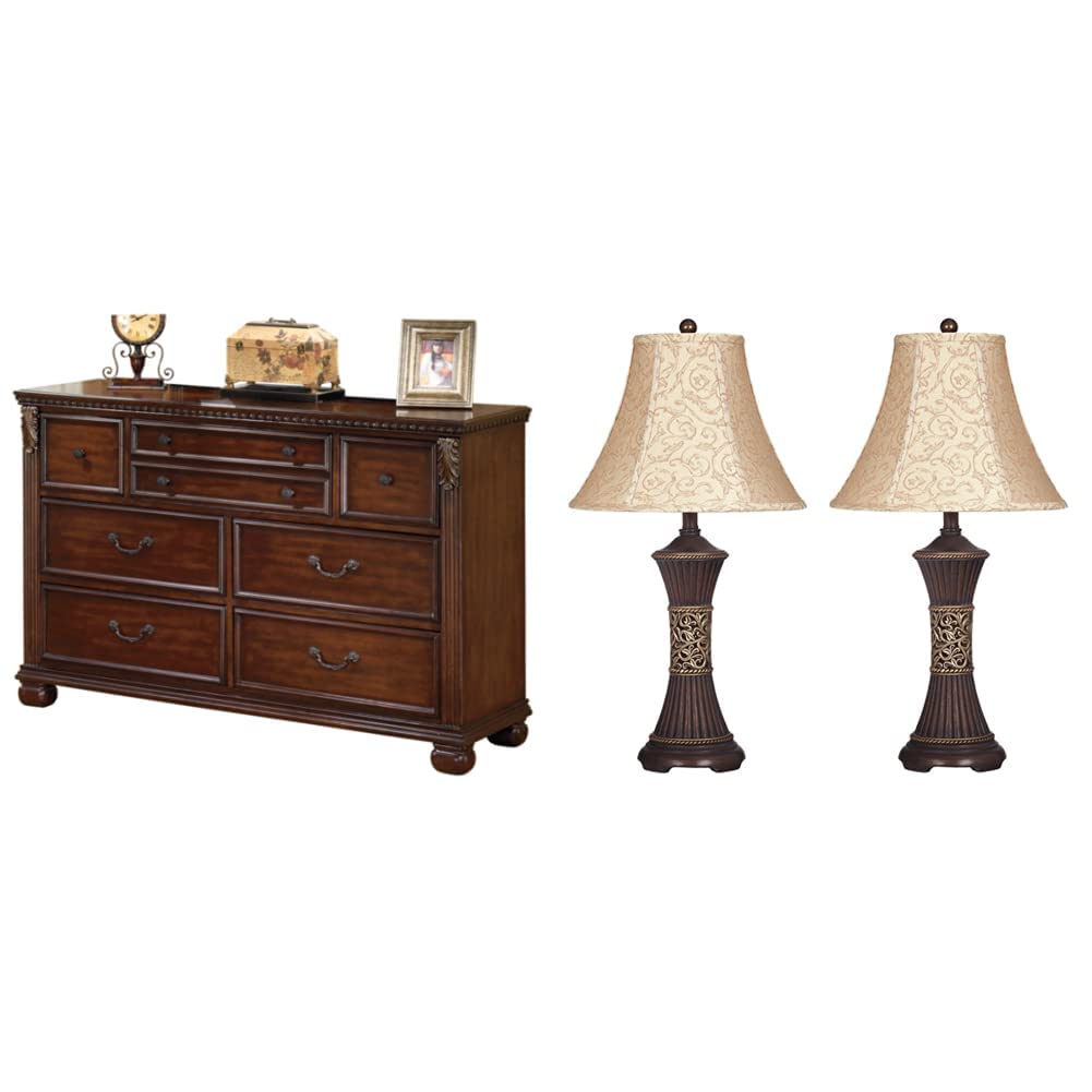 Ashley Leahlyn 7-Drawer Dresser & Antique Lamp Set - Warm Brown for Bedroom Decor