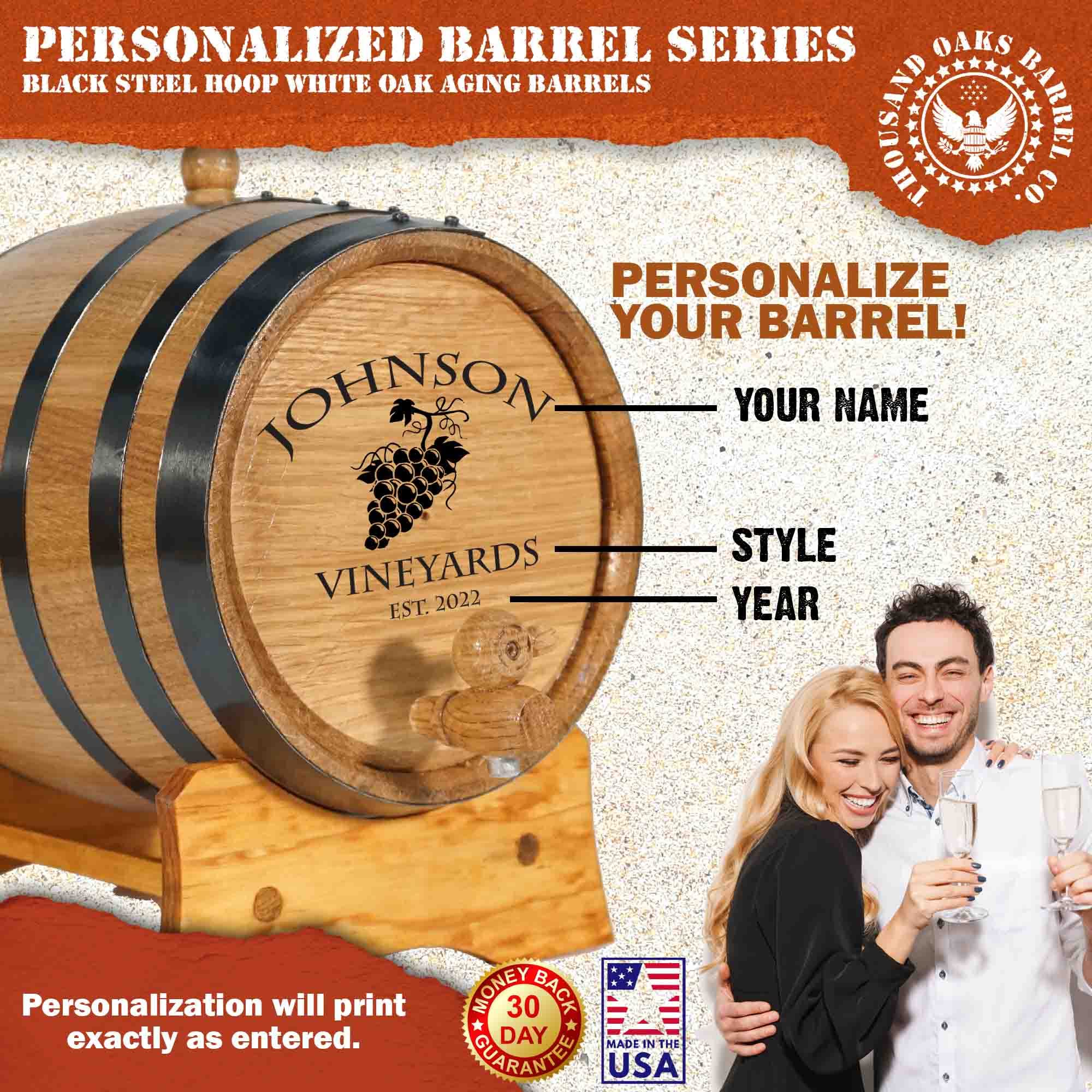 5 Liter Personalized Oak Wine Barrel (1 Gallon) with Stand, Bung & Spigot - Custom Engraved V16 Design for Aging Whiskey, Bourbon, Cocktails & Beer | Perfect for Home Bars, Gifts & Craft Brewing