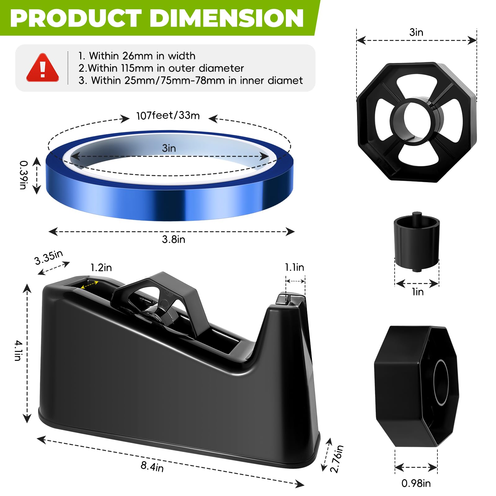 Heavy Duty Large Heat Tape Dispenser with Cutter - 10mm x 33M Transparent Blue Heat Transfer Tape for Sublimation (3-Pack) - Perfect for T-Shirt Printing, DIY Crafts & Heat Press Projects