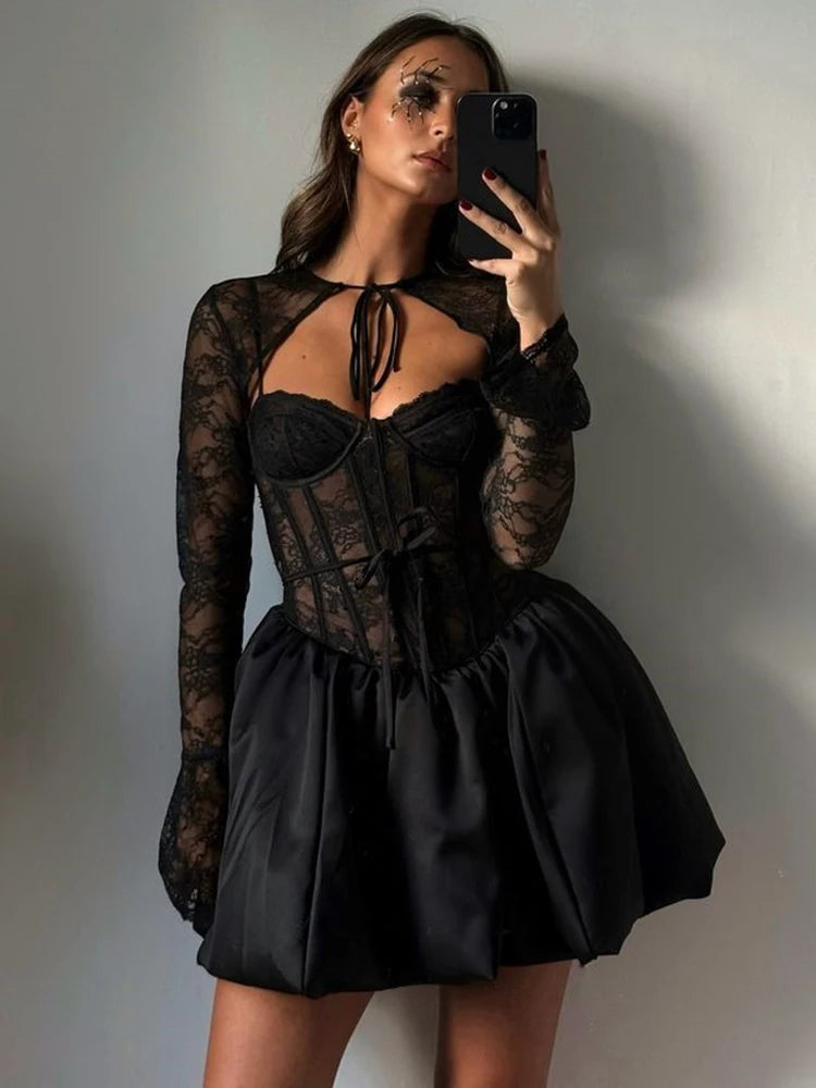 Sexy Black Lace Puffball Mini Dress for Women - Long Flare Sleeve Sheer Club Party Dress with Lace Up & High Waist | Perfect for Night Out, Date Night, and Special Occasions