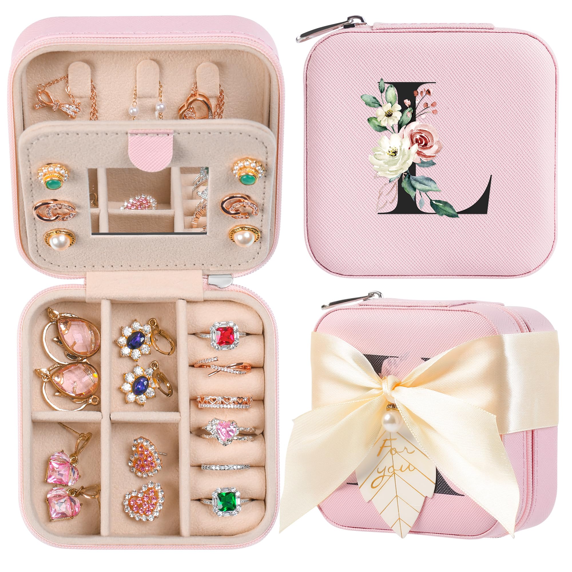 AYGXU Portable Jewelry Travel Case for Women & Girls - Small Jewelry Organizer Box with Initial A-Z - Perfect for Travel, Gifts, Teachers, Teens & Everyday Use