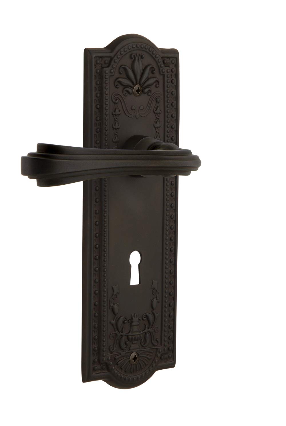 Nostalgic Warehouse Meadows Plate Single Dummy Door Knob with Keyhole & Fleur Lever in Oil-Rubbed Bronze - Vintage Style Door Hardware for Bedroom, Bathroom & Interior Doors