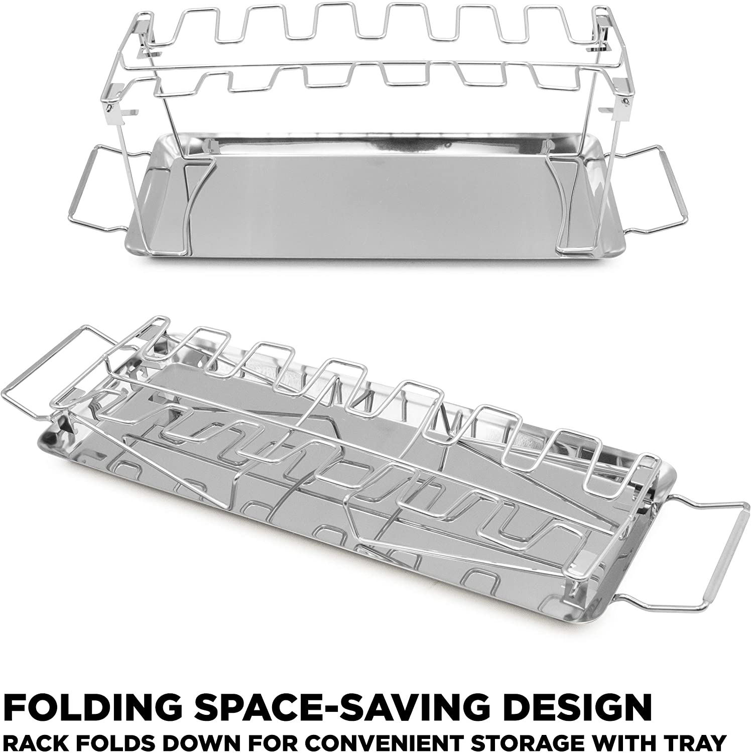 CASEMATIX 14-Slot Stainless Steel Chicken Leg & Wings Grill Rack with Drip Tray & Basting Brush - Non Stick BBQ Accessory for Perfect Grilling, Roasting, and Smoking - Ideal for Backyard BBQs, Camping, and Outdoor Cooking