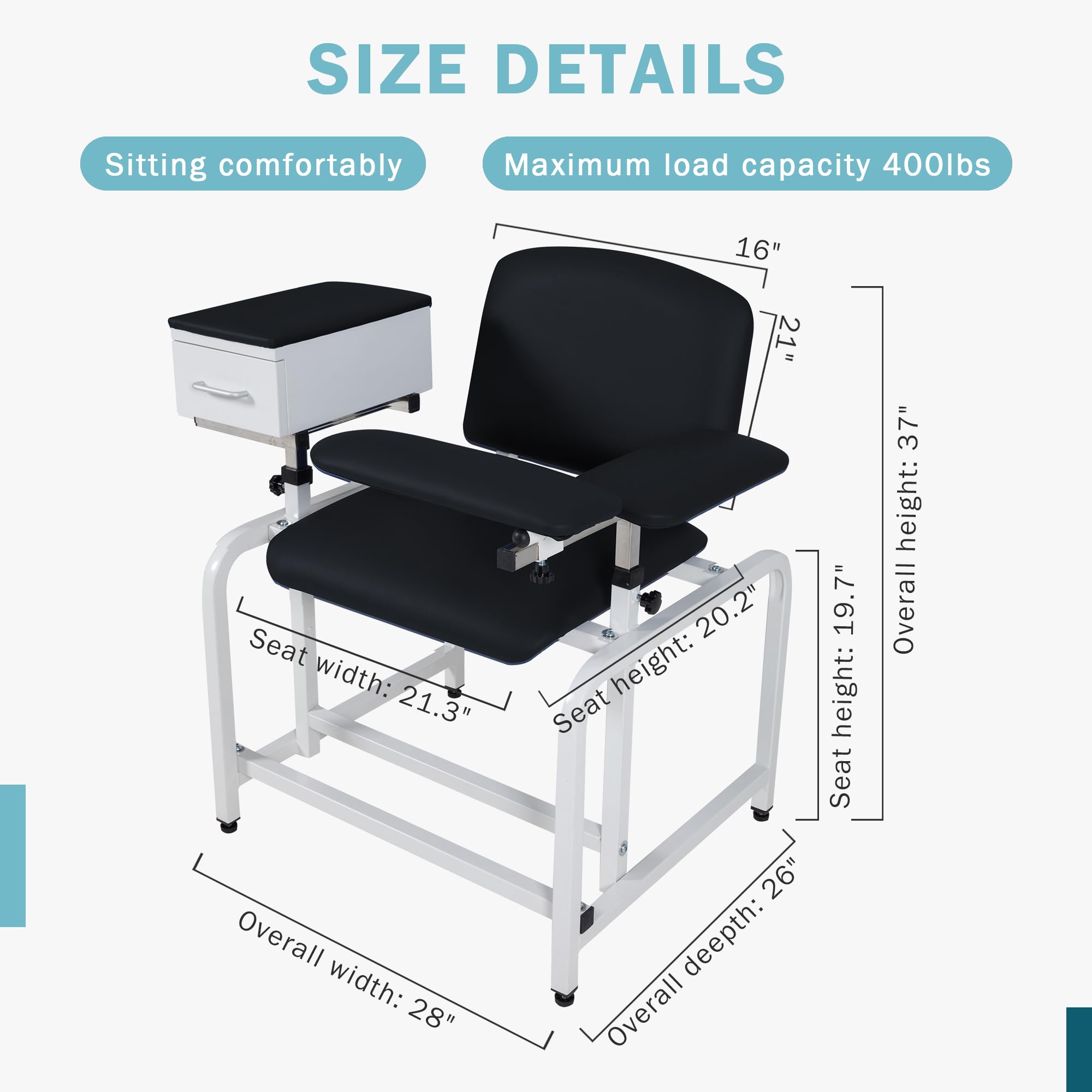 COOLWAVE Adjustable Phlebotomy Chair with Drawer - Extra Thick Padded Lab Blood Drawing Chair with Armrest (Black) - Perfect for Medical Clinics, Hospitals & Blood Donation Centers