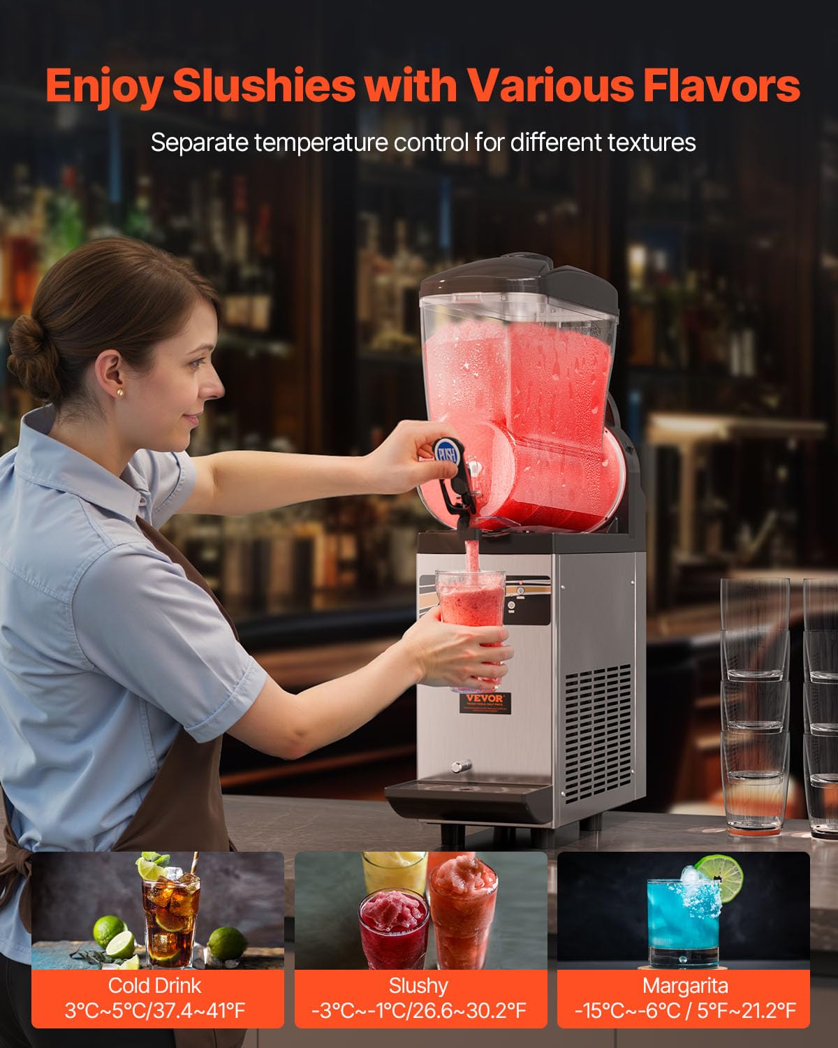 VEVOR 15L Commercial Margarita & Slushie Machine - Stainless Steel Frozen Drink Maker for Smoothies, Cocktails - Perfect for Home Parties, Restaurants, Cafes & Bars (60 Cups Capacity)